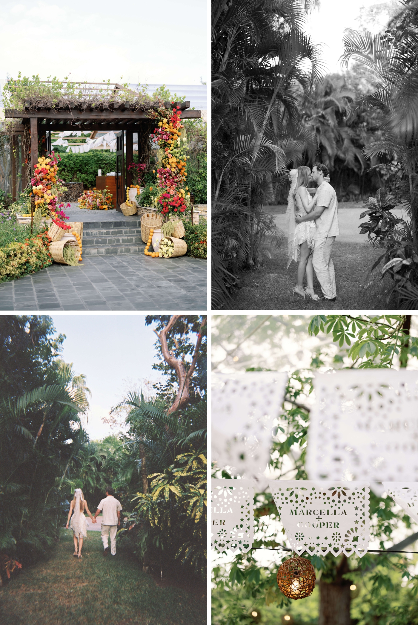 Citrus color palette wedding design with papel picado and custom stationery details at Rosewood Mayakoba