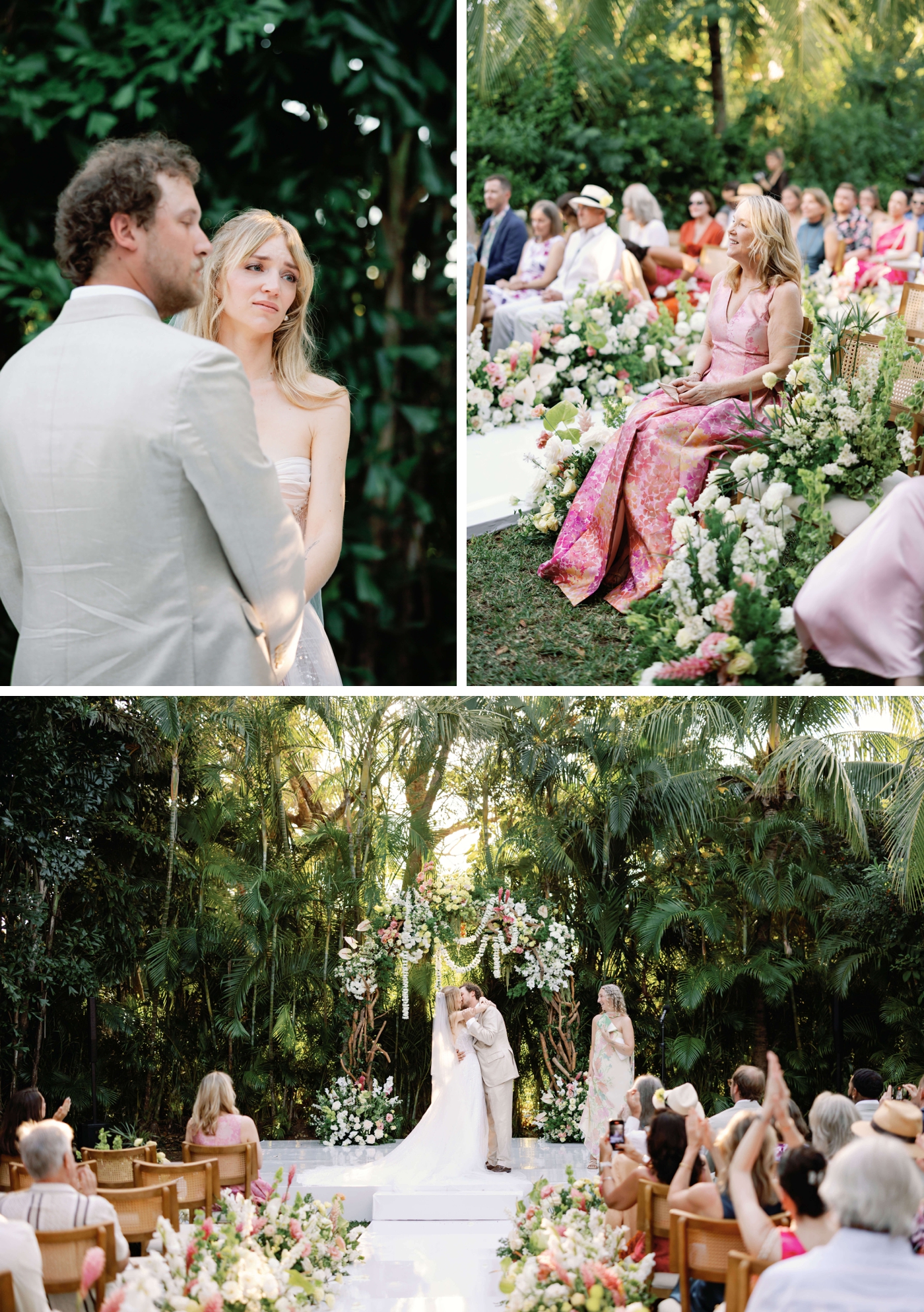 Bride and groom during Lagoon Lawn ceremony at Rosewood Mayakoba surrounded by lush greenery