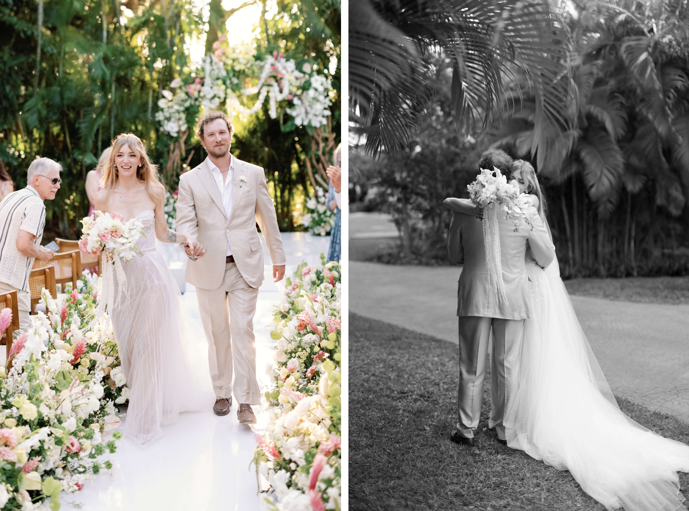 Bride and groom embracing and celebrating after their wedding ceremony at the Lagoon Lawn at Rosewood Mayakoba