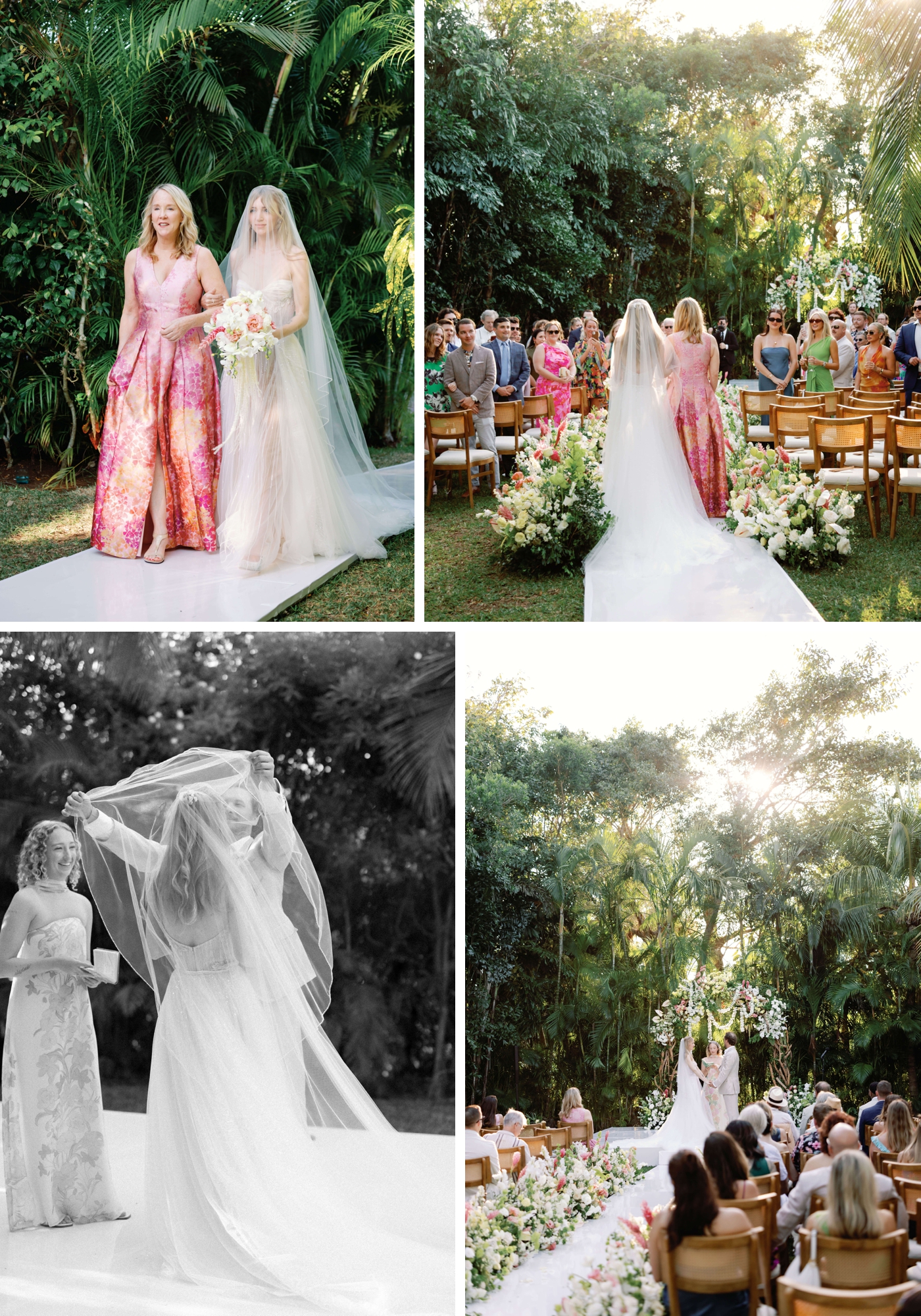 Bride walking down the aisle with her mom, at the Lagoon Lawn at Rosewood Mayakoba