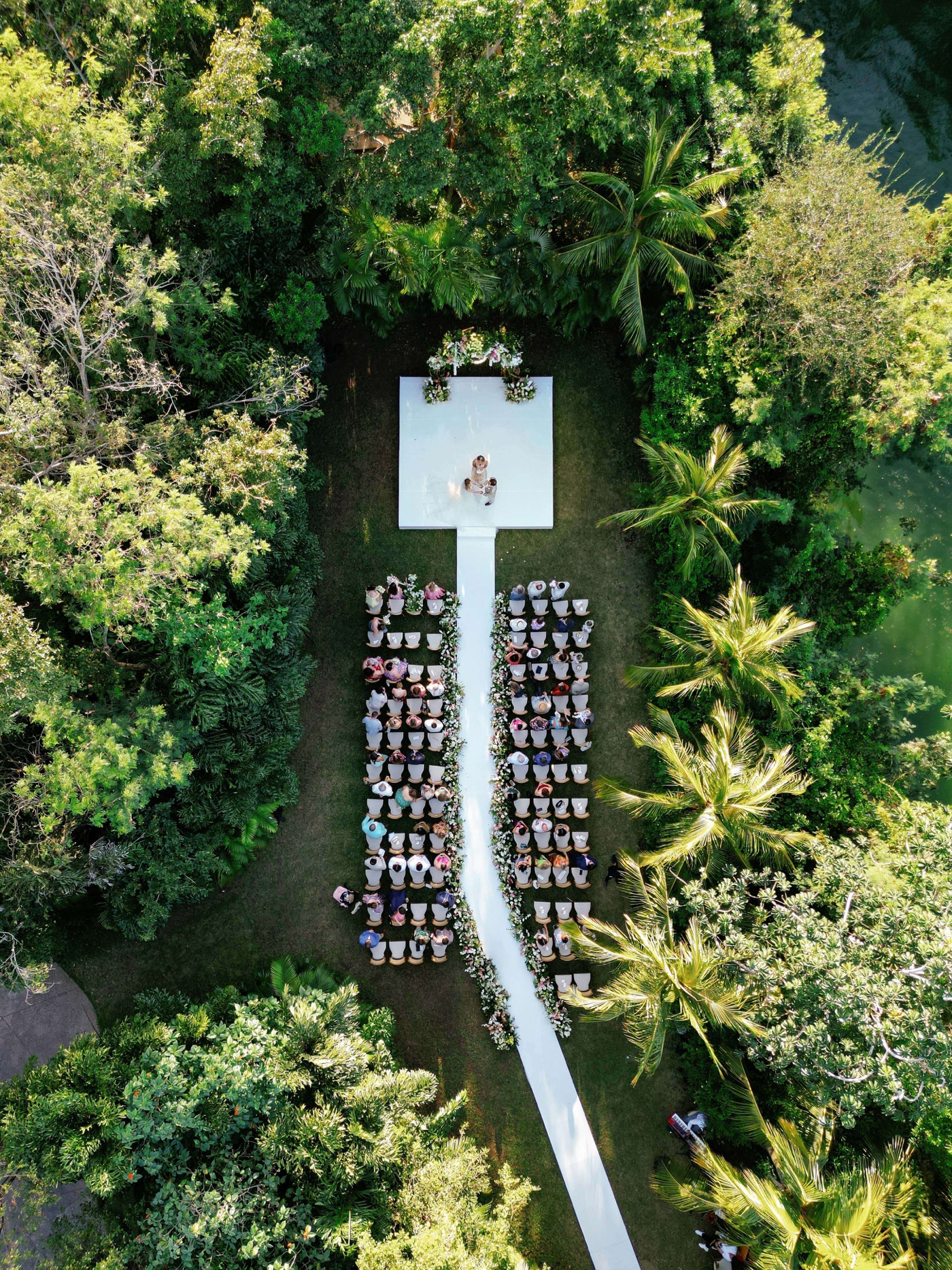 Drone footage of a wedding ceremony in the jungle of Rosewood Mayakoba