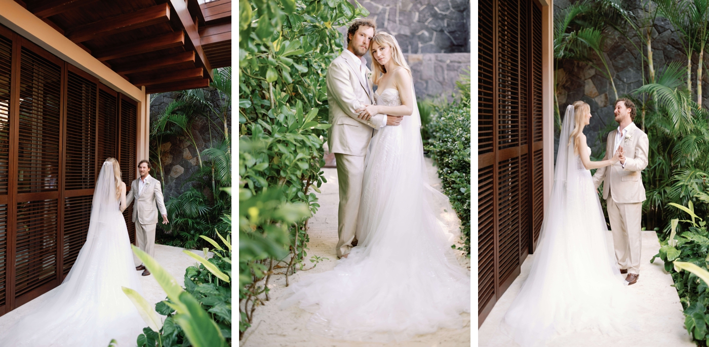 Bride and groom first look at Rosewood Maykoba, bride in a sheer gown by Liz Martinez
