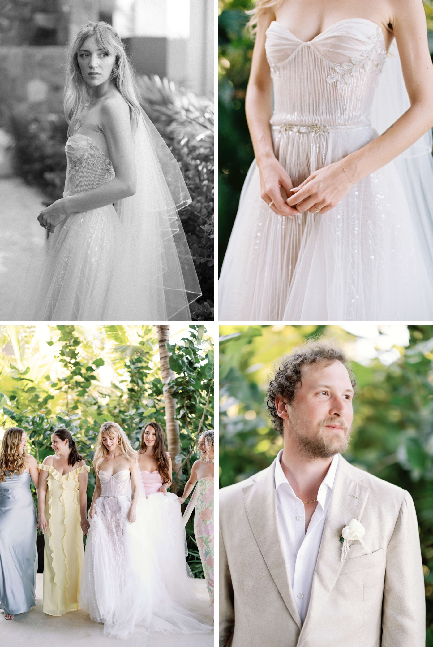 Wedding day details, including a bride in a sheer tulle gown by Liz Martinez, groom in a custom khaki suit, bridesmaids in various shades of blue and green
