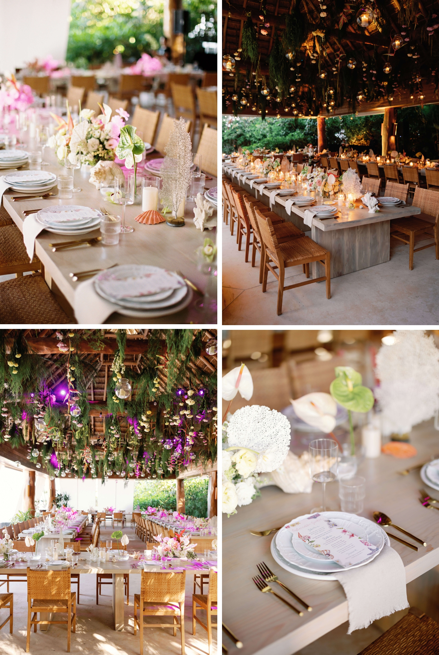 Long wooden farm tables with all white flowers, and custom wedding paper, at Aquí Me Quedo 
