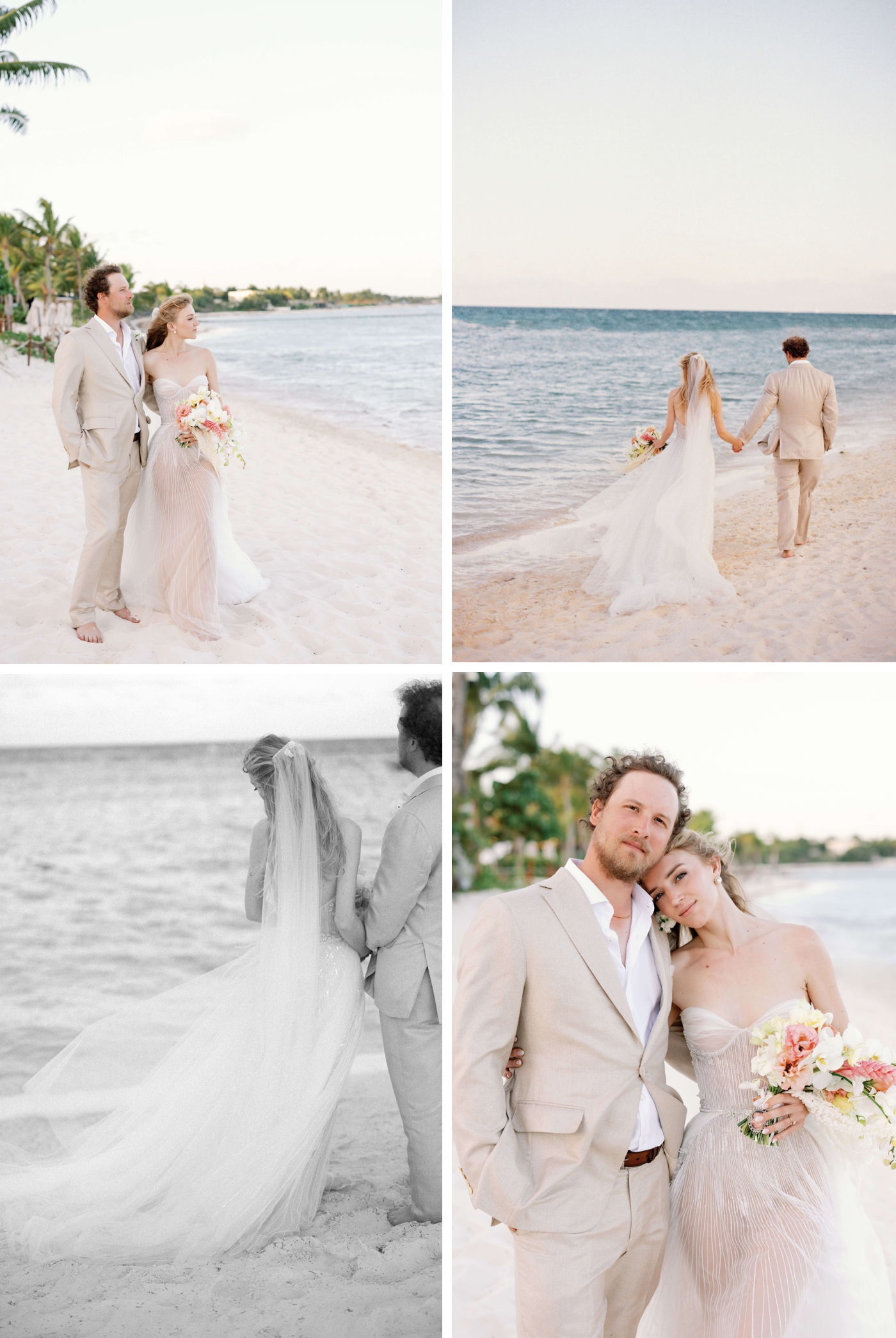 A bride and groom on the beach at Rosewood Mayakoba, for golden hour pictures after their wedding ceremony