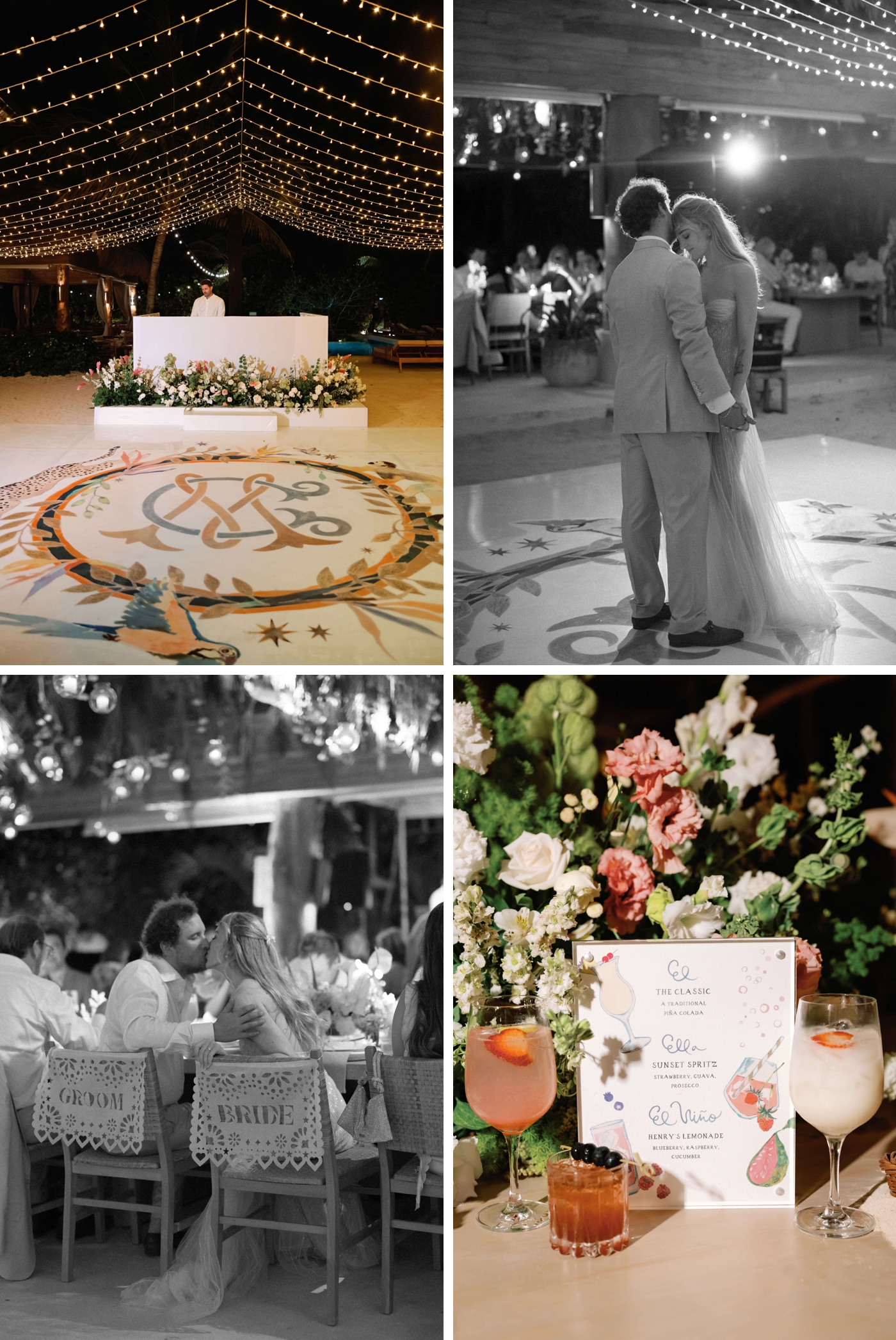 Details of a wedding reception at Aquí Me Quedo, including a custom monogrammed dancefloor, a hand painted bar sign, and the couple sharing their first dance under cafe lights