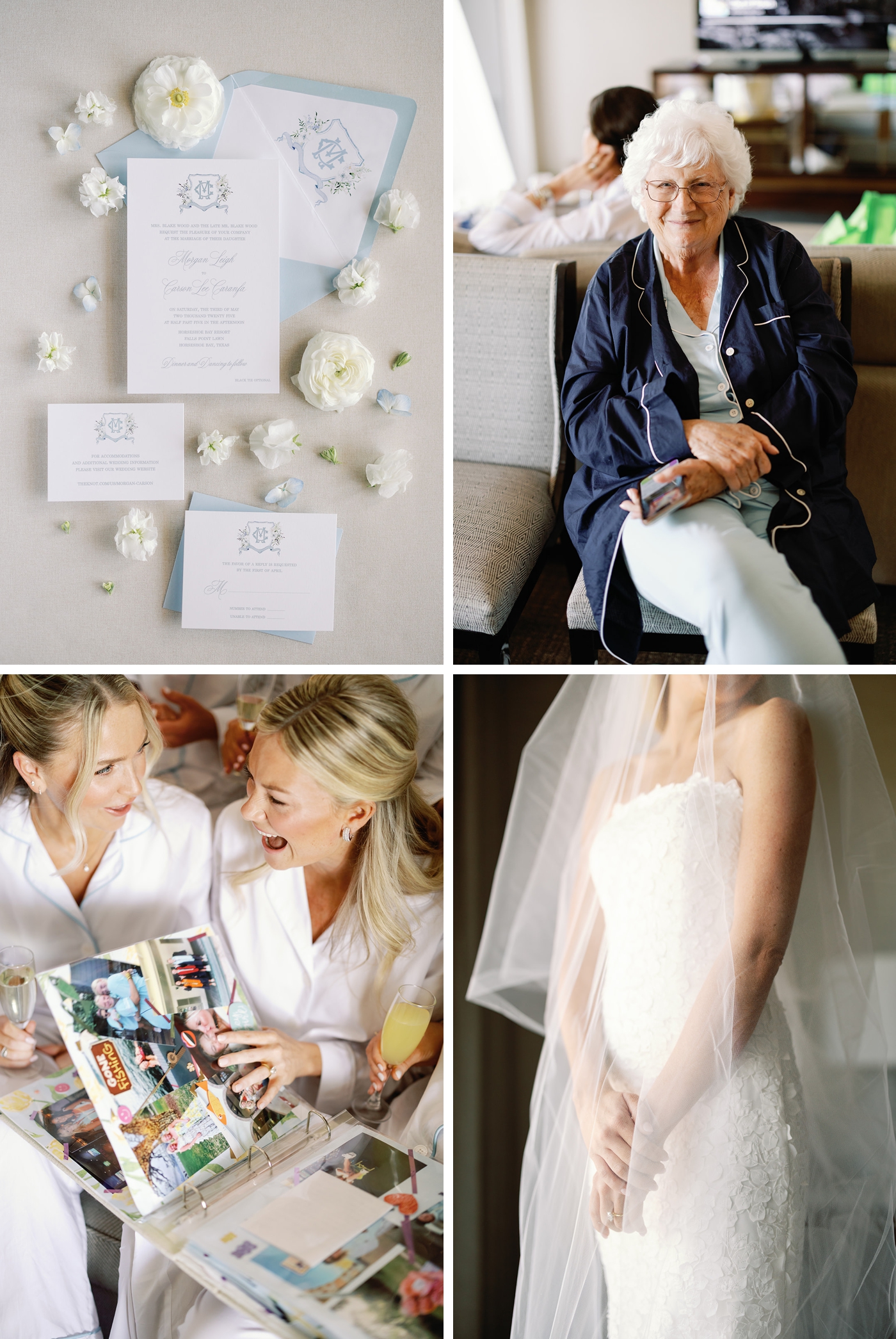 Classic white and blue wedding in Austin, Texas with the bride getting ready in a suite at Horseshoe Bay resort