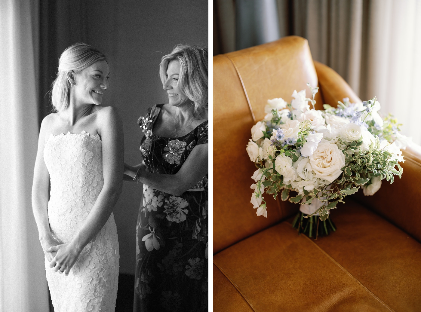 Classic white and blue wedding in Austin, Texas with the bride getting ready in a suite at Horseshoe Bay resort
