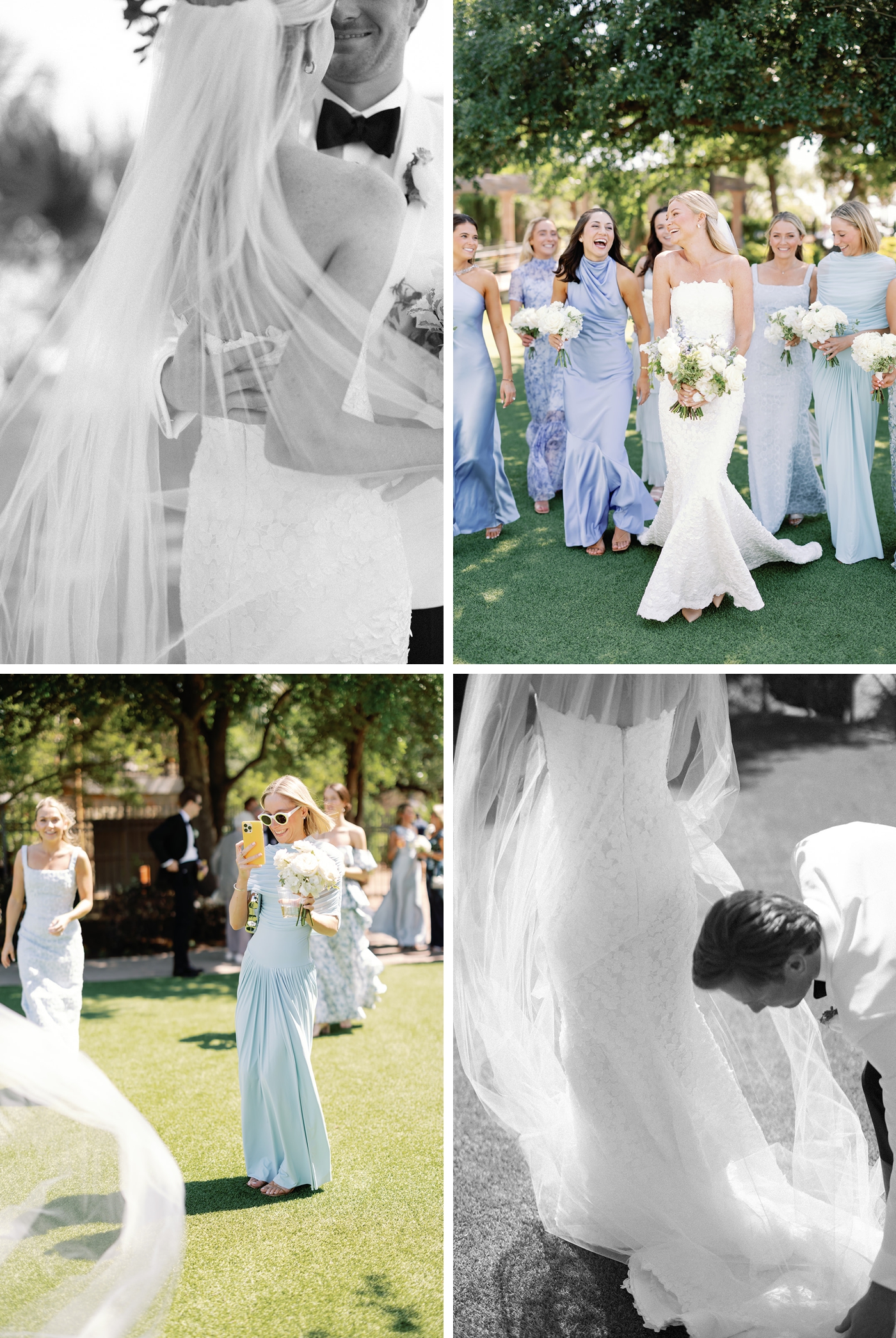 Bridesmaids in soft blue gowns, in silk, chiffon and floral print