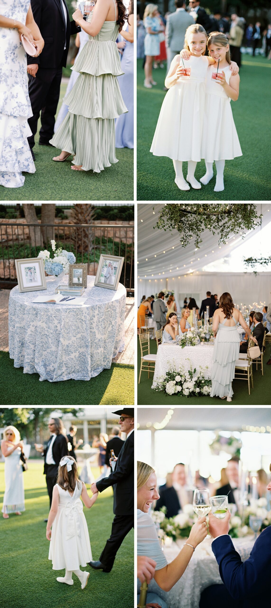 Details of a tented wedding, including flower girls, a welcome table, and toasts