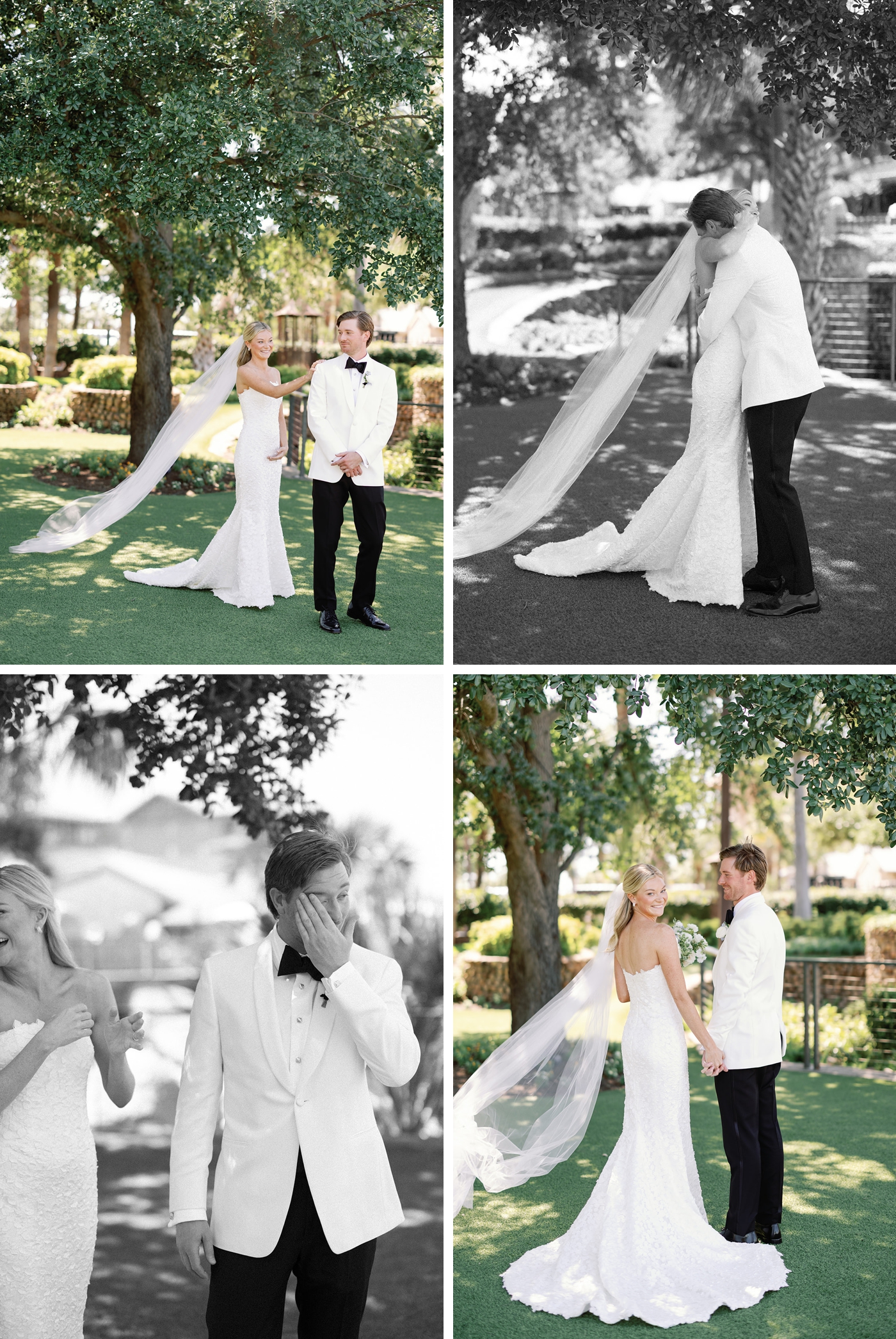 A bride and groom first look on the lawns of Horseshoe Bay Resort in Texas, with the bride in a fitted lace gown, the Take My Hand Gown by Sareh Nouri, and the groom in a white tuxedo 