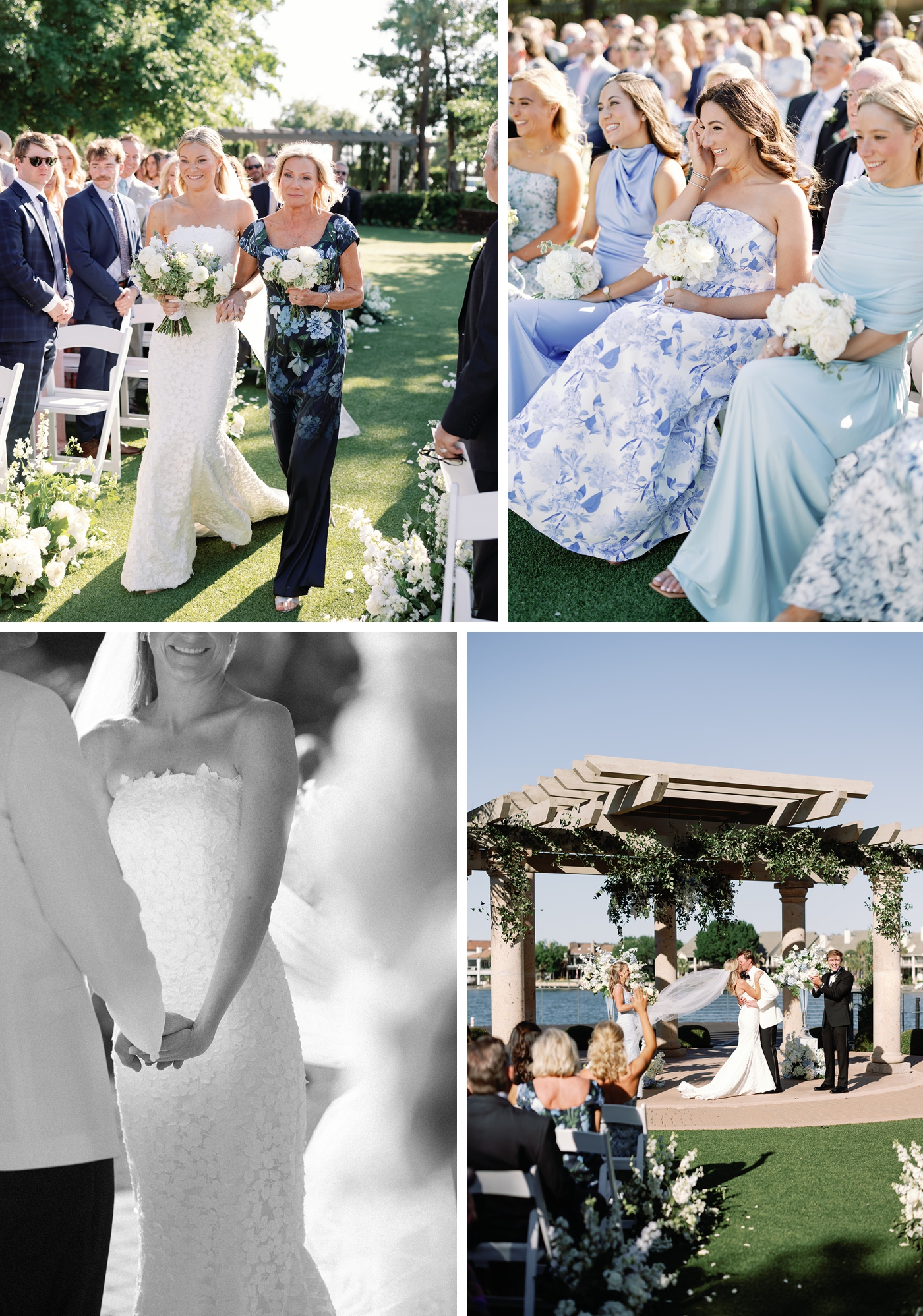 Details of a wedding ceremony, including bridesmaids sitting in the front row, and a bride walking down the aisle 
