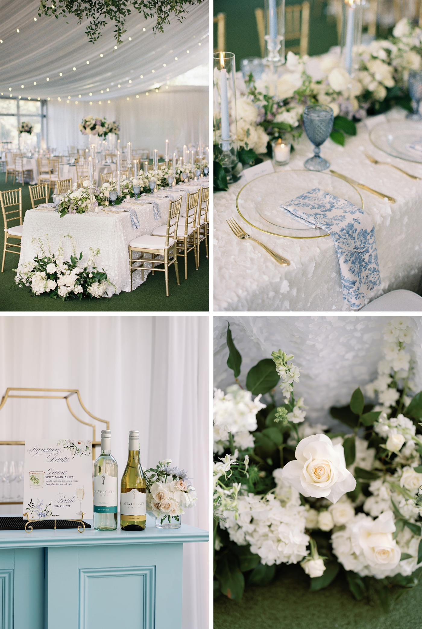 A white and blue wedding at the Palm Pavilion, at Horseshoe Bay Resort, with all white table linens, floral patterned napkins, and gold flatware. The tables are lined with large floral centerpieces with all white flowers