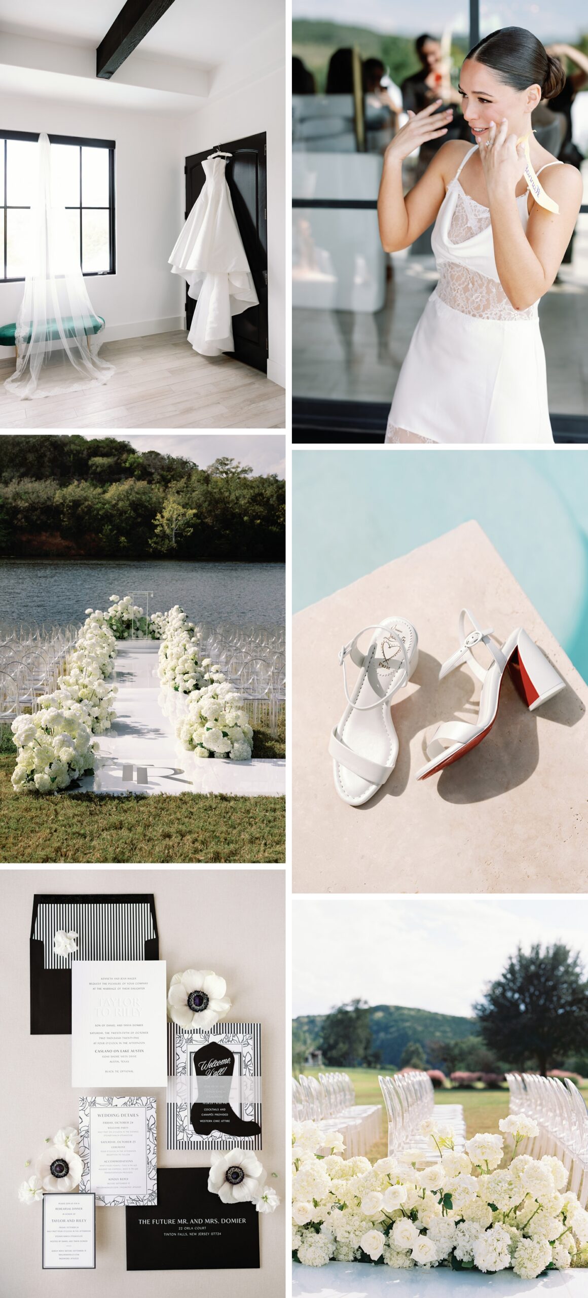 Bride getting ready at a private home on Lake Austin, before her wedding, with a flatlay of black and white wedding invitations