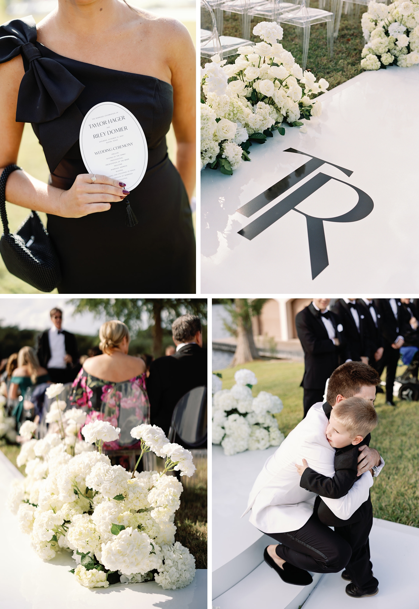 Details of an outdoor wedding ceremony on Lake Austin, with a custom white aisle runner, custom stage, and an all white flower aisle 