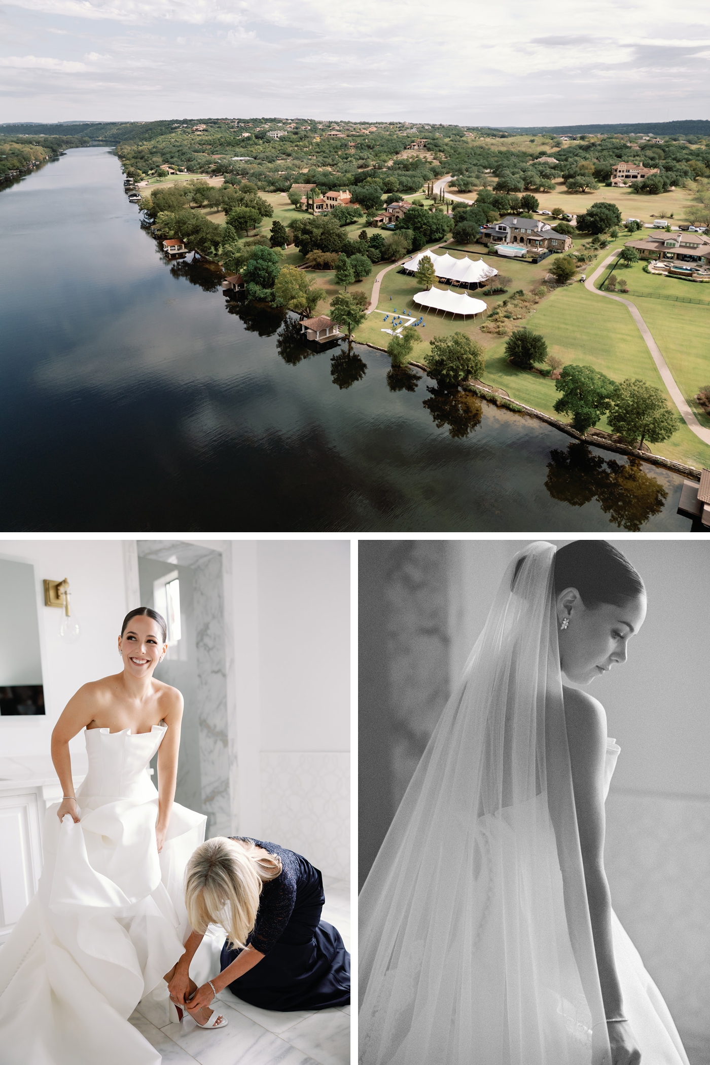 Drone view of an outdoor wedding on Lake Austin, with the bride in a Mark Ingram gown