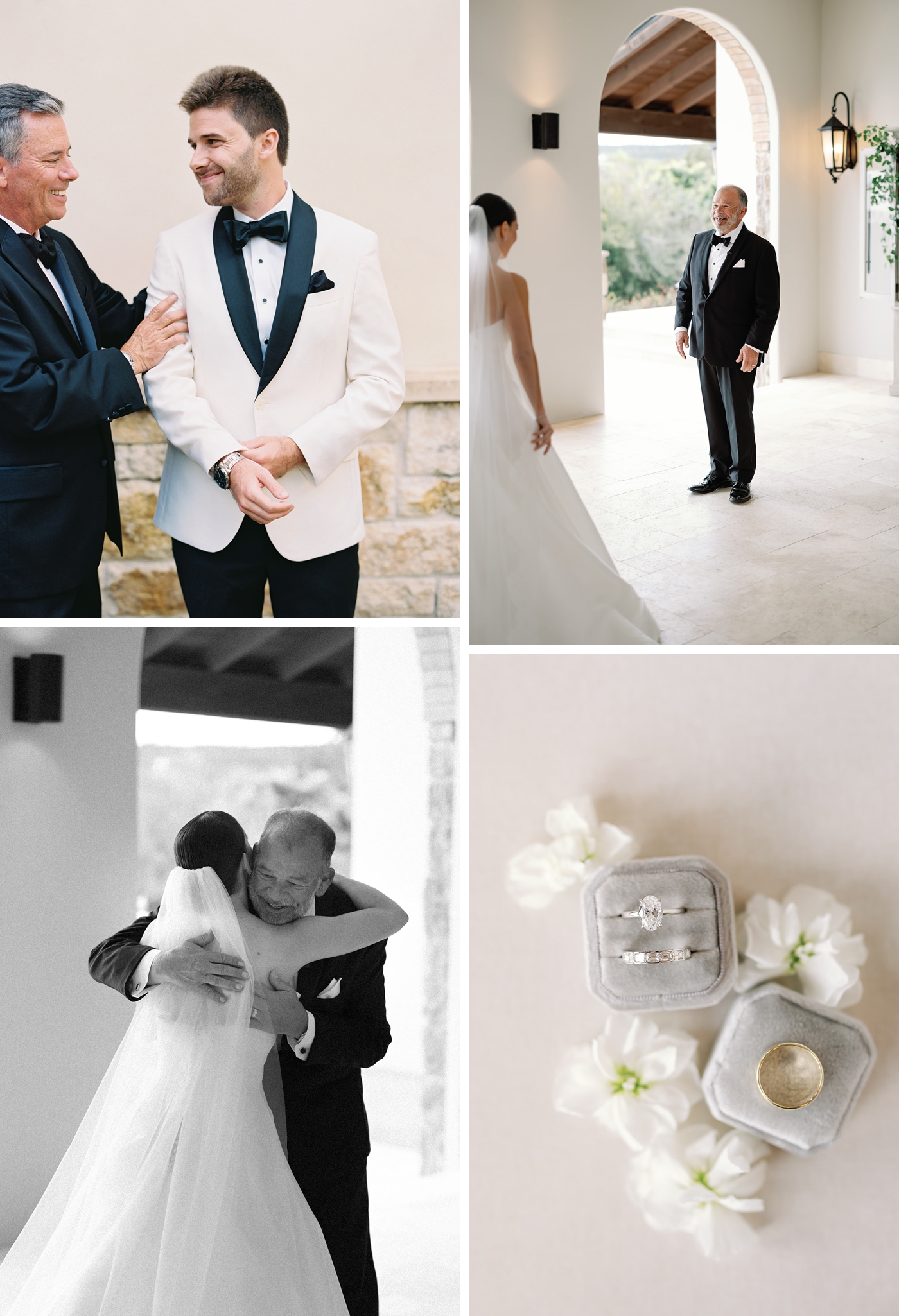 A bride and father sharing an emotional first look, with them embracing after