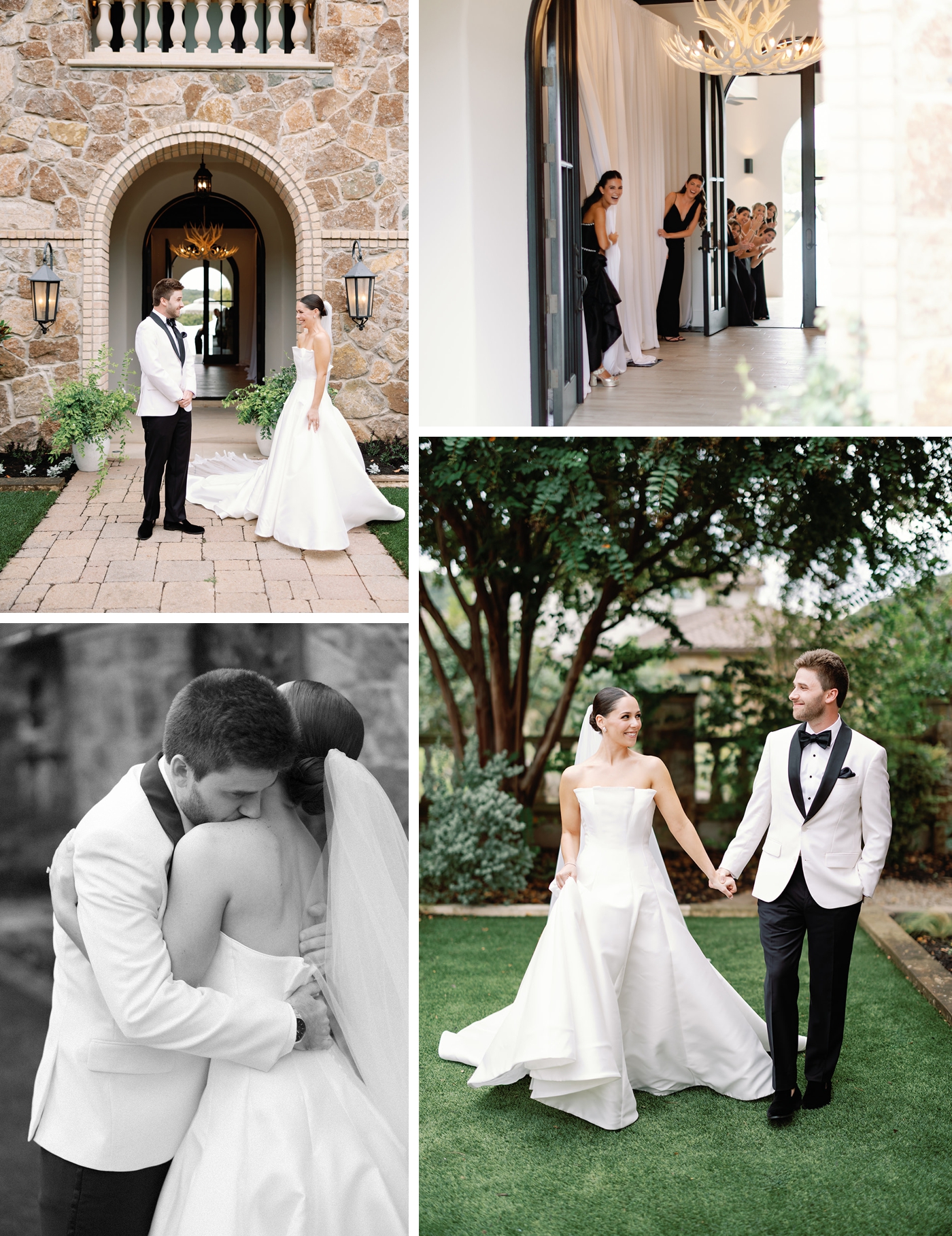 Bride and groom first look at a home in Lake Austin, before their lakeside wedding ceremony