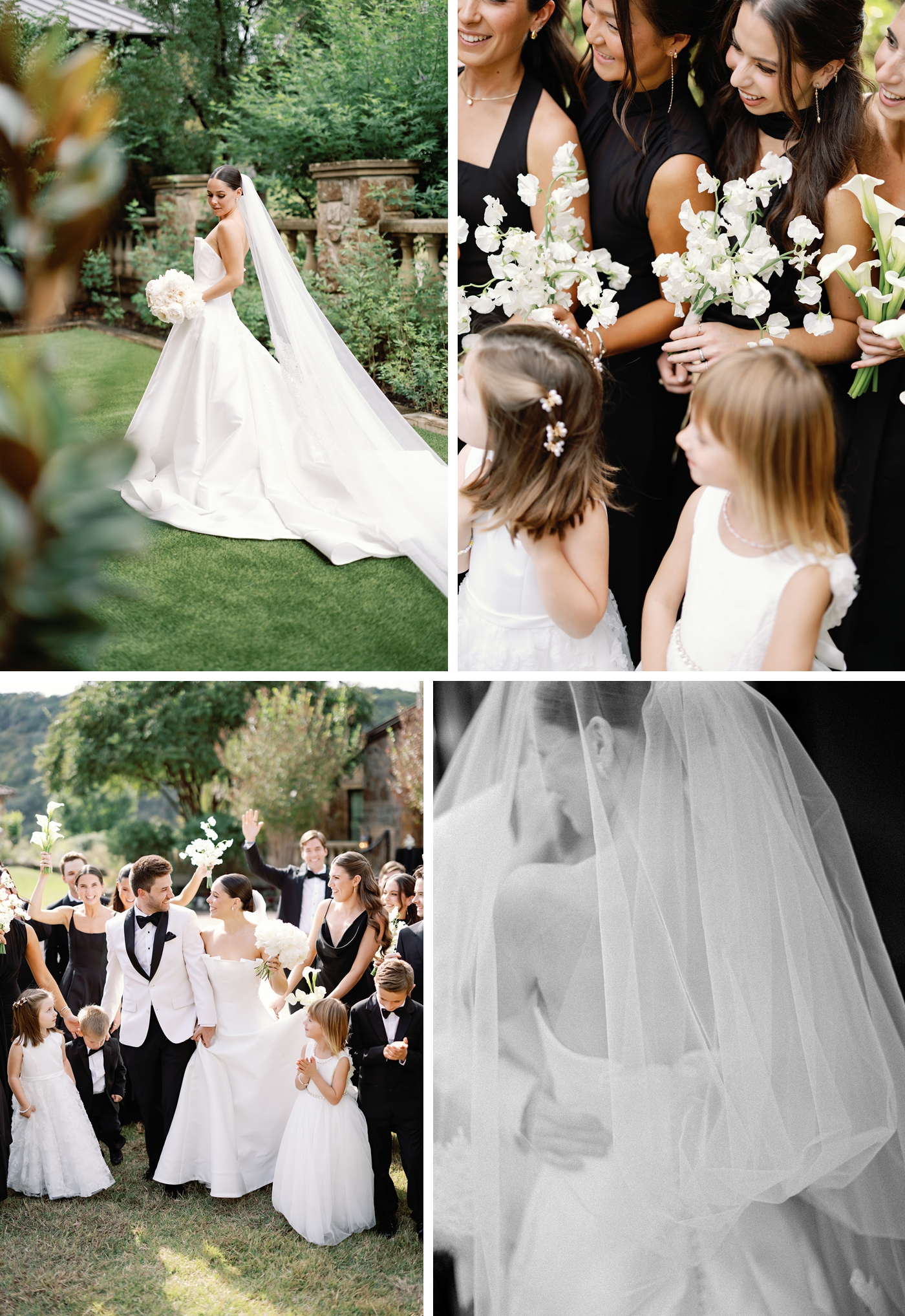 A wedding party, with the women in black gowns, the men in black tuxedos