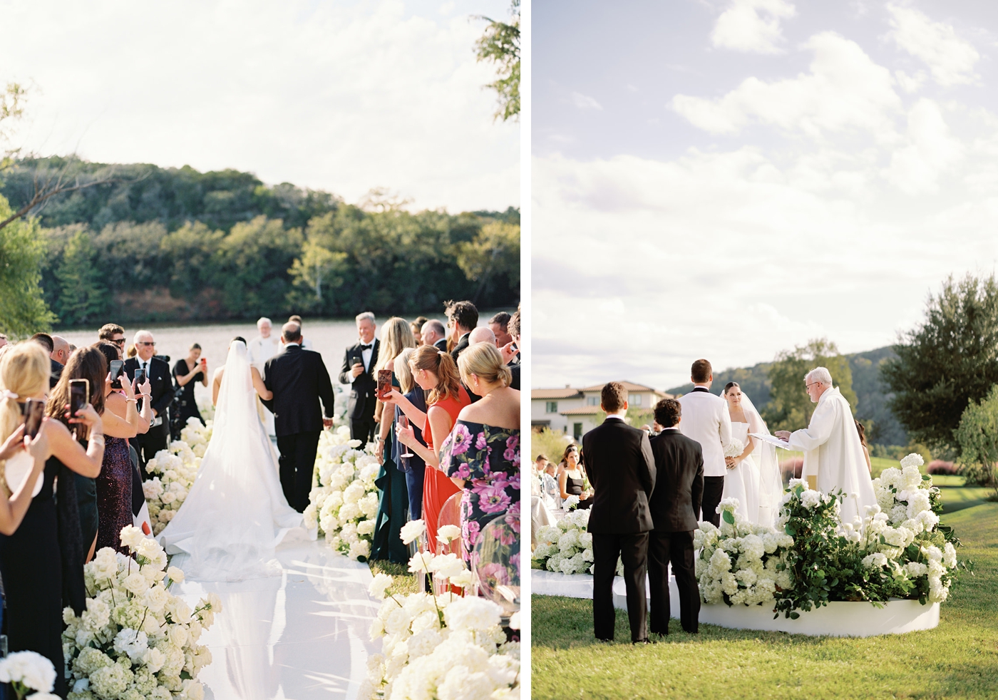 Details of an outdoor wedding ceremony on Lake Austin, with a custom white aisle runner, custom stage, and an all white flower aisle 