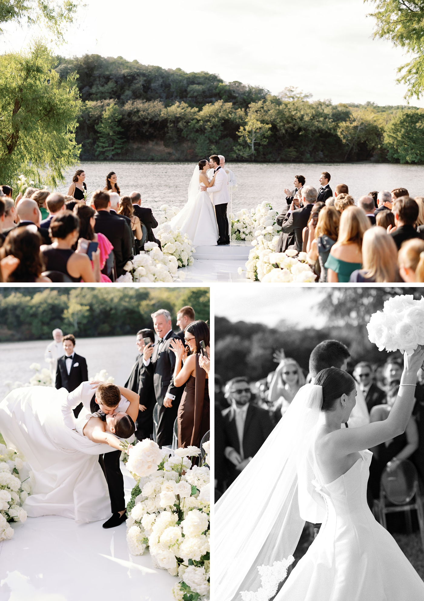 Details of an outdoor wedding ceremony on Lake Austin, with a custom white aisle runner, custom stage, and an all white flower aisle 