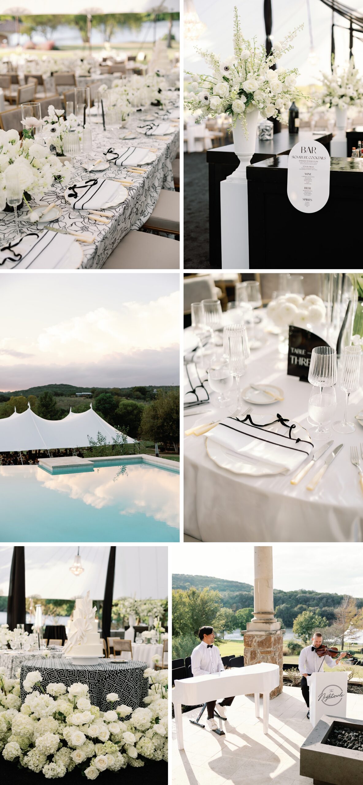 Black and white tented wedding reception on Lake Austin, featuring black and white floral linens, all white flowers, and black fabric draping from the Sperry Tent ceiling, planning by 36th Street Events