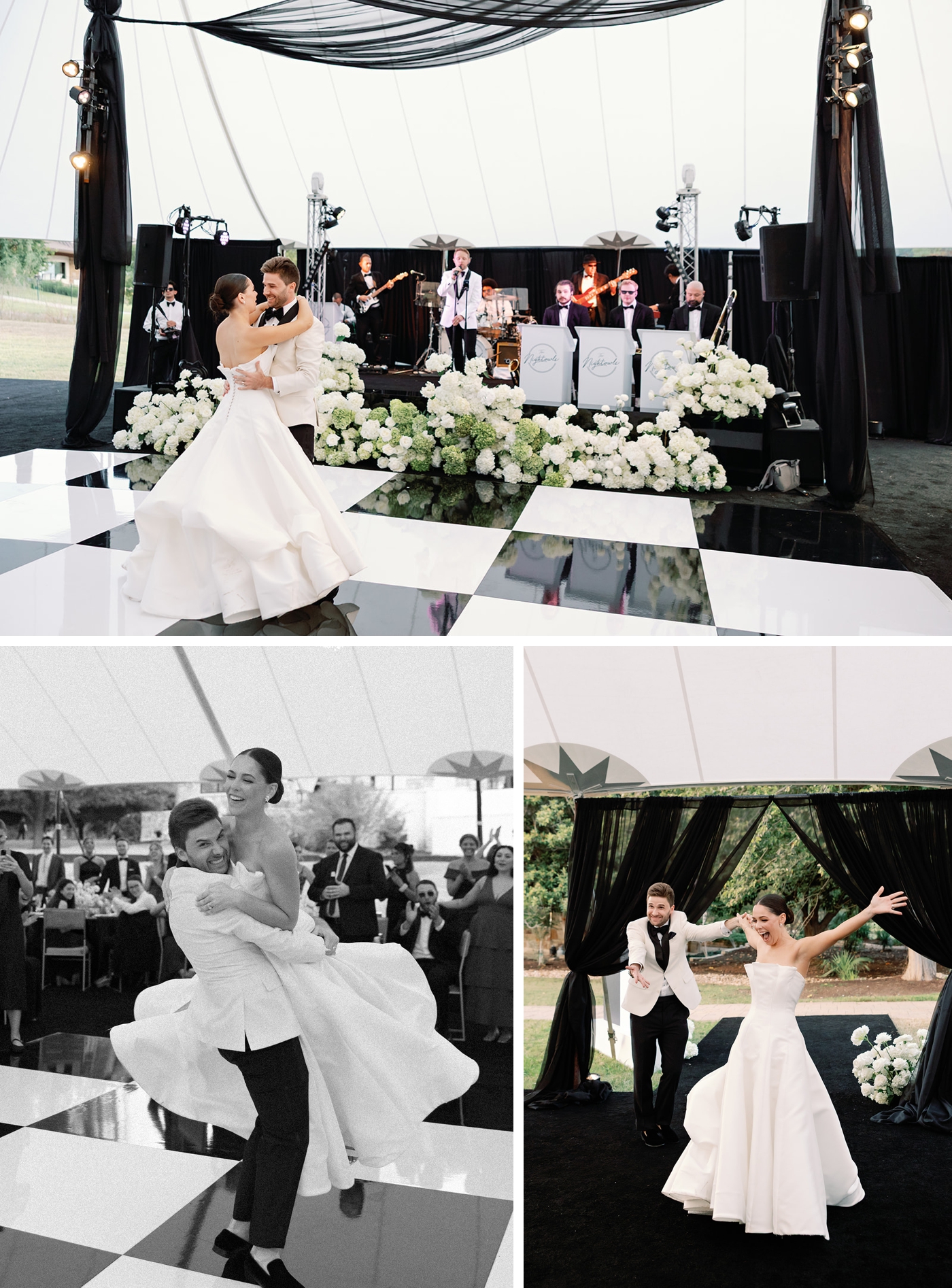 Black and white tented wedding reception on Lake Austin, featuring black and white floral linens, all white flowers, and black fabric draping from the Sperry Tent ceiling, planning by 36th Street Events
