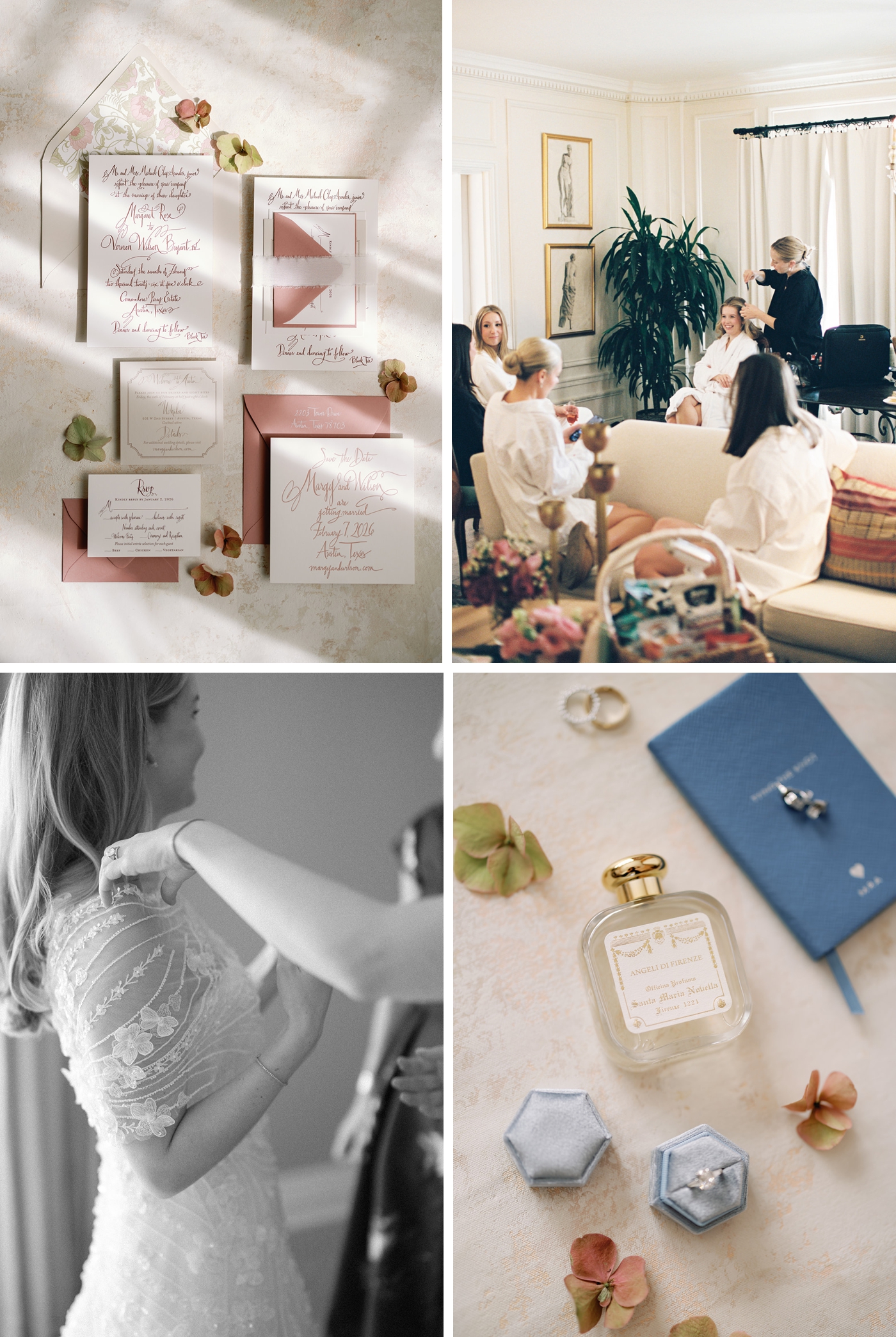 A custom wedding invitation suite in rose, with calligraphy, next to wedding perfume, with a bride putting on her Mark Ingram gown 