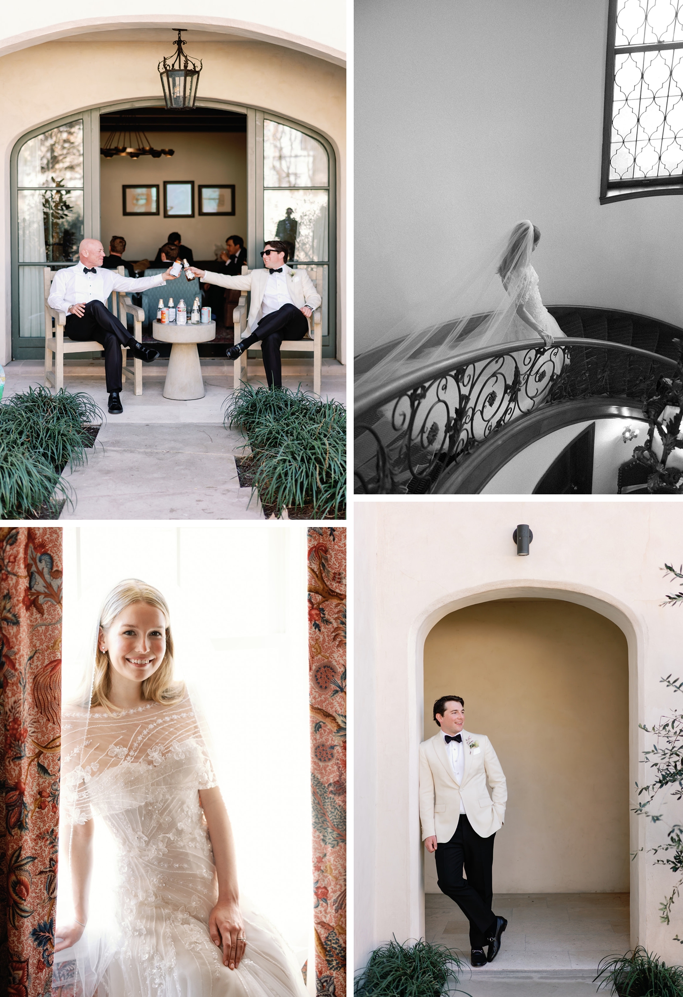 A bride getting ready at Commodore Perry Estate in Austin, in the pink wallpaper LaVerne Suite