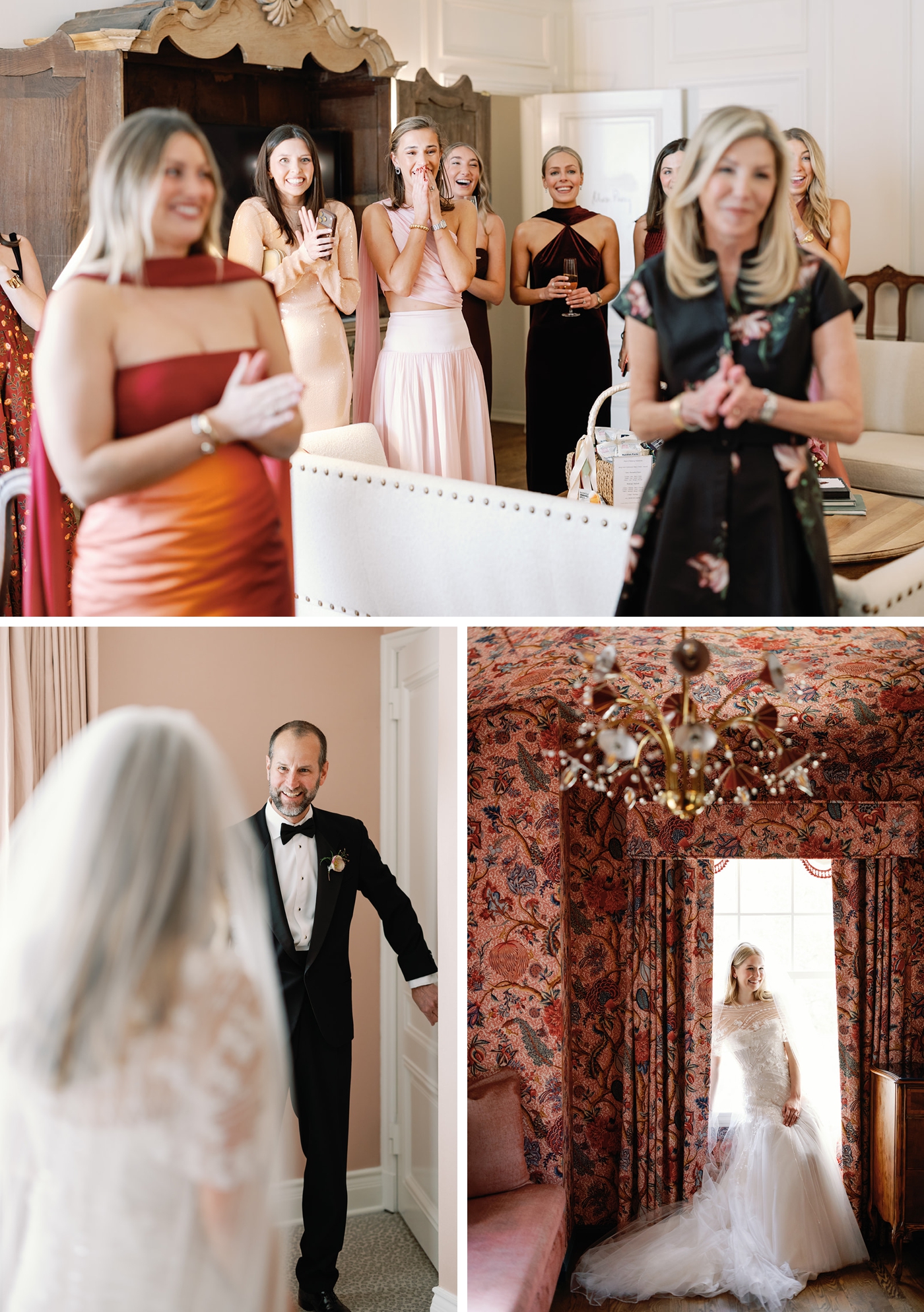 A bride getting ready at Commodore Perry Estate in Austin, in the pink wallpaper LaVerne Suite