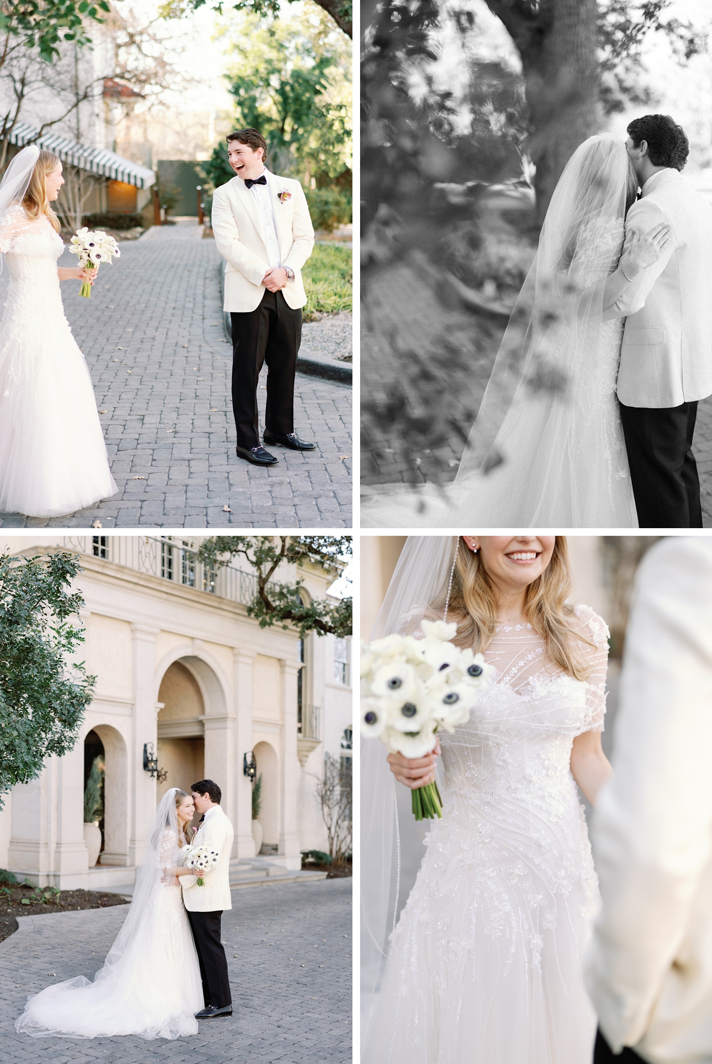 Bride and groom first look, with the bride and groom smiling, the bride in a beaded and lace gown by Mark Ingram, the groom in a white tuxedo 