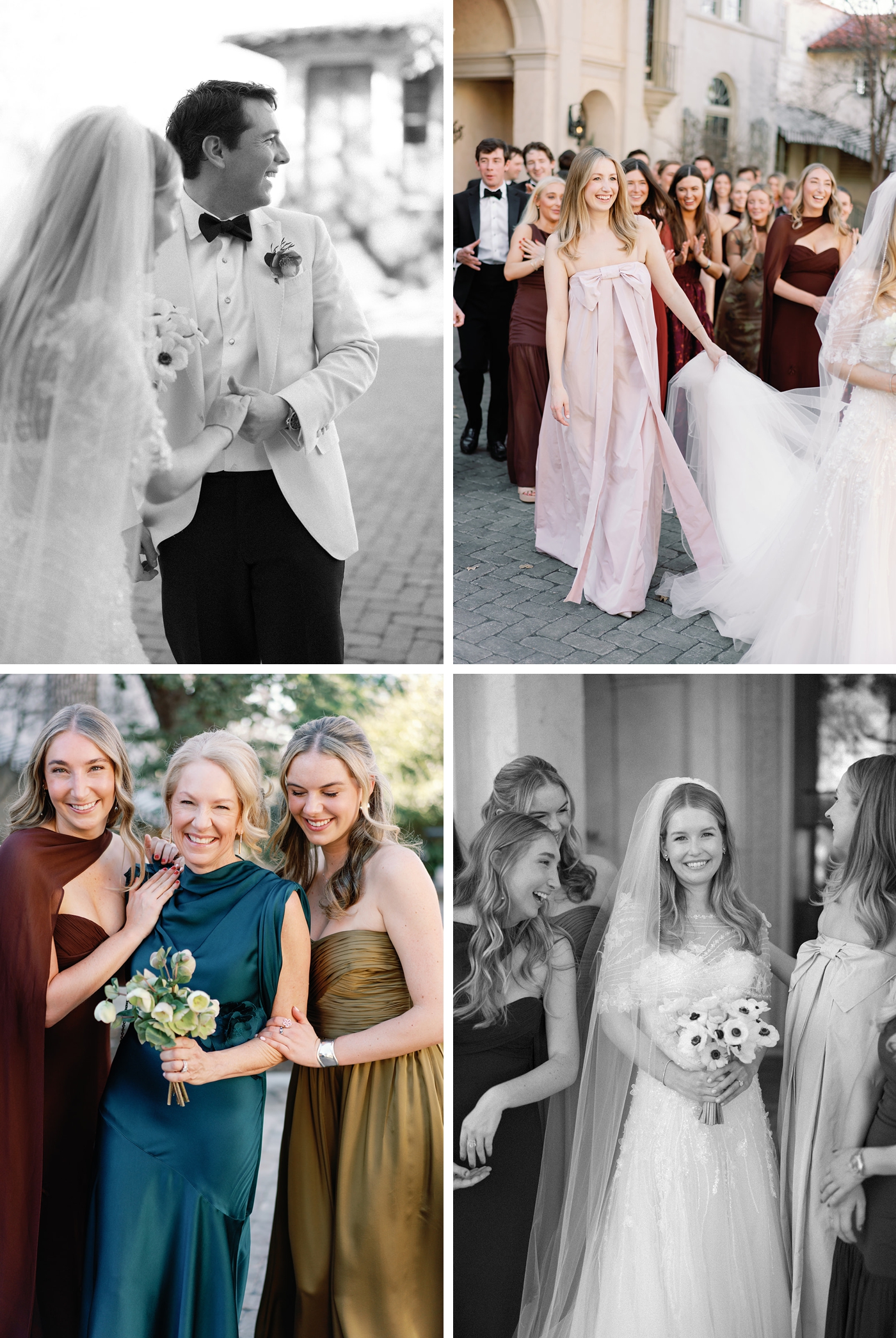 Wedding party pictures in Austin at Commodore Perry Estate, with the bridesmaids in shades of burgundy and sage green, posing next to each other, holding white wildflower inspired bouquets