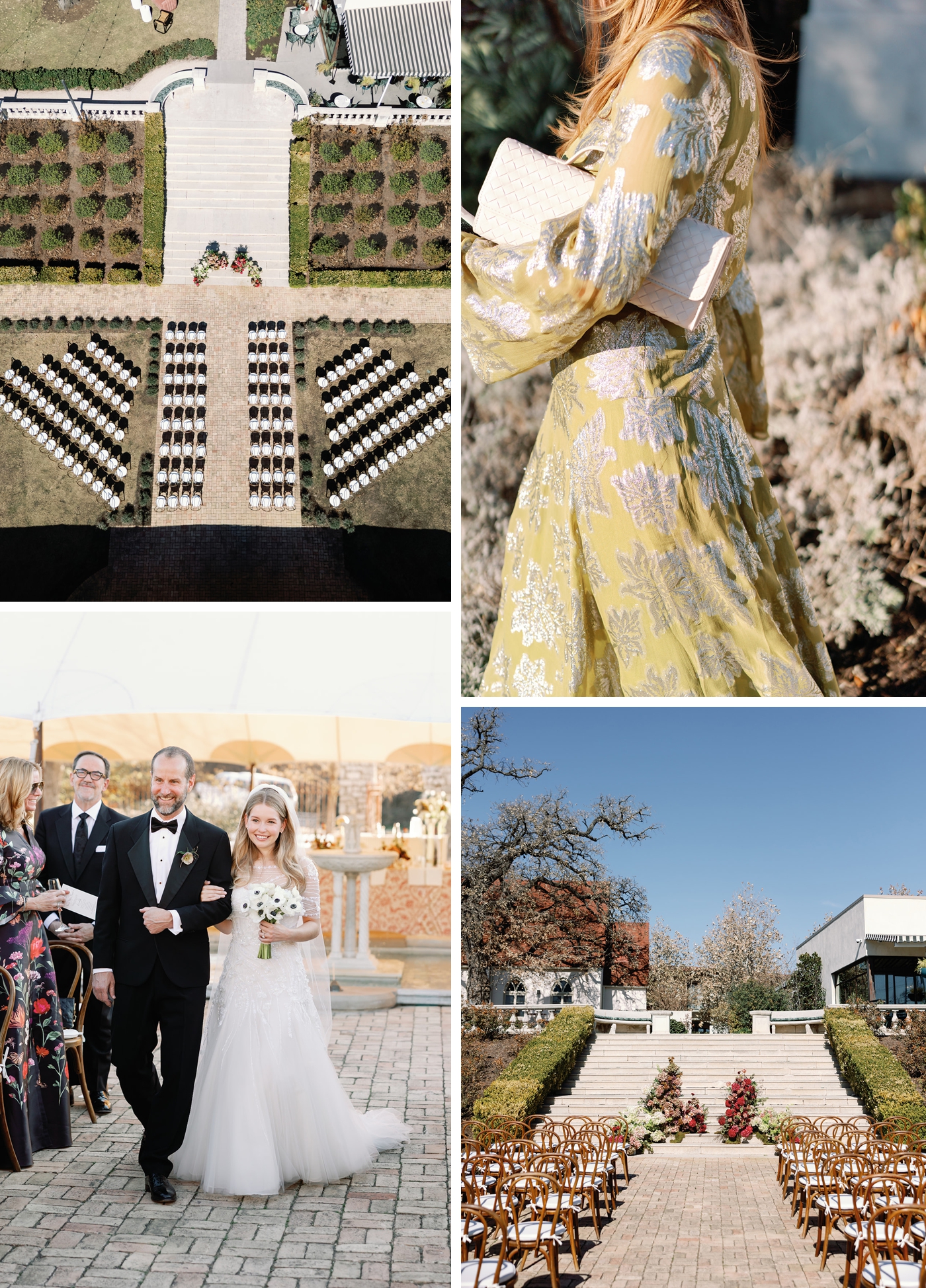 Wedding ceremony on the steps of the Sunken Garden at Commodore Perry Estate, with large burgundy and blush floral arches on either side 