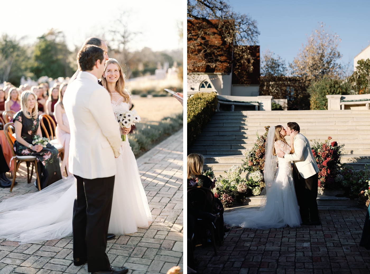 A bride and groom at the alter at Commodore Perry Estate, sharing a first kiss
