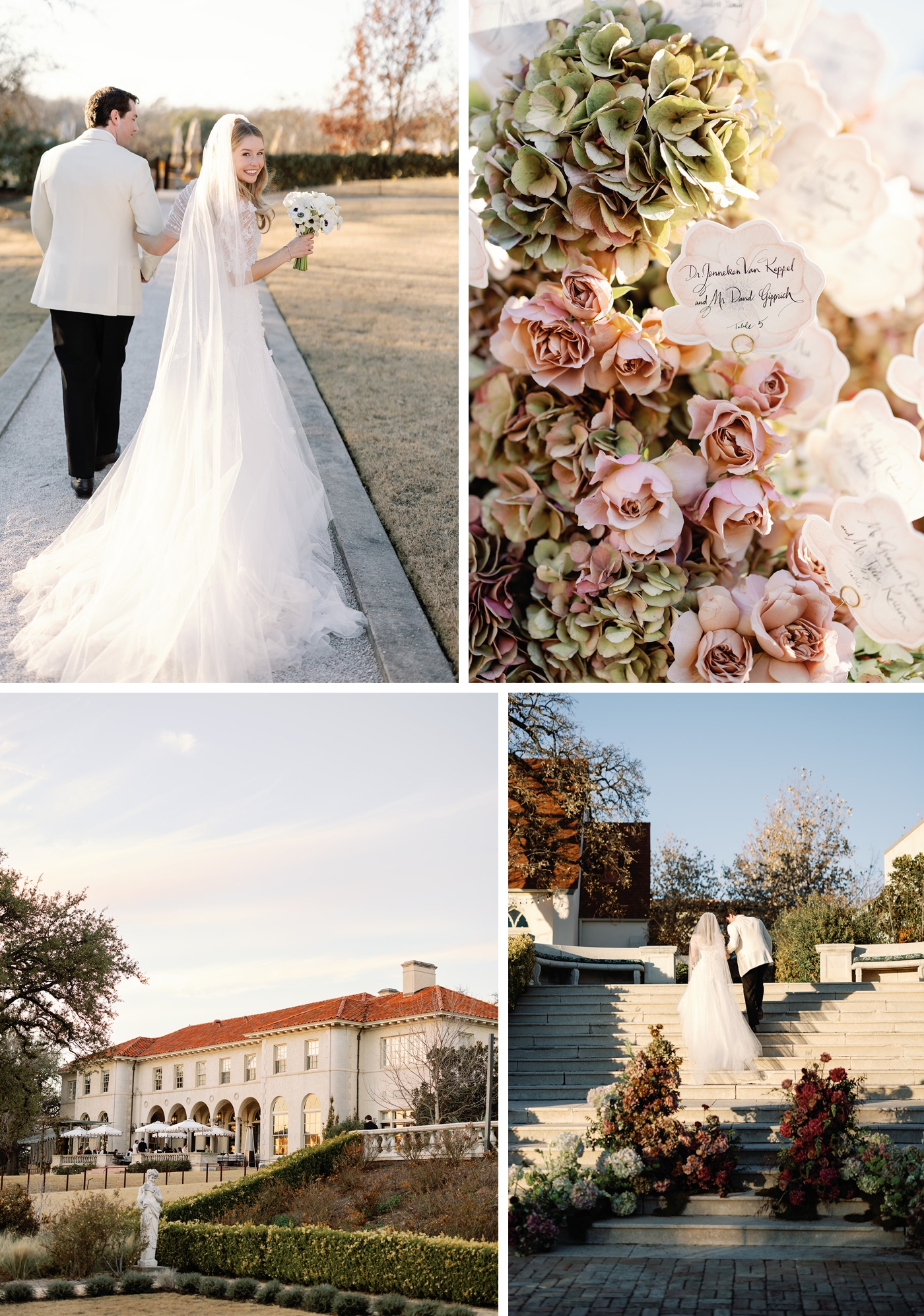 A bride and groom walking on the grounds of Commodore Perry Estate, with blush and burgundy flowers around them, and the sun glowing through the brides cathedral length veil 