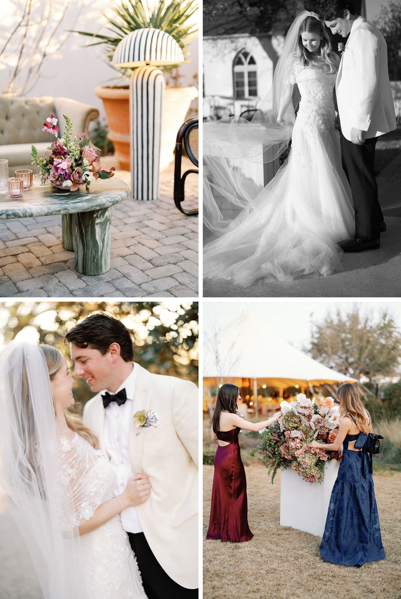 A collage of images of a bride and groom portraits at sunset, with the wedding party admiring the flowers 