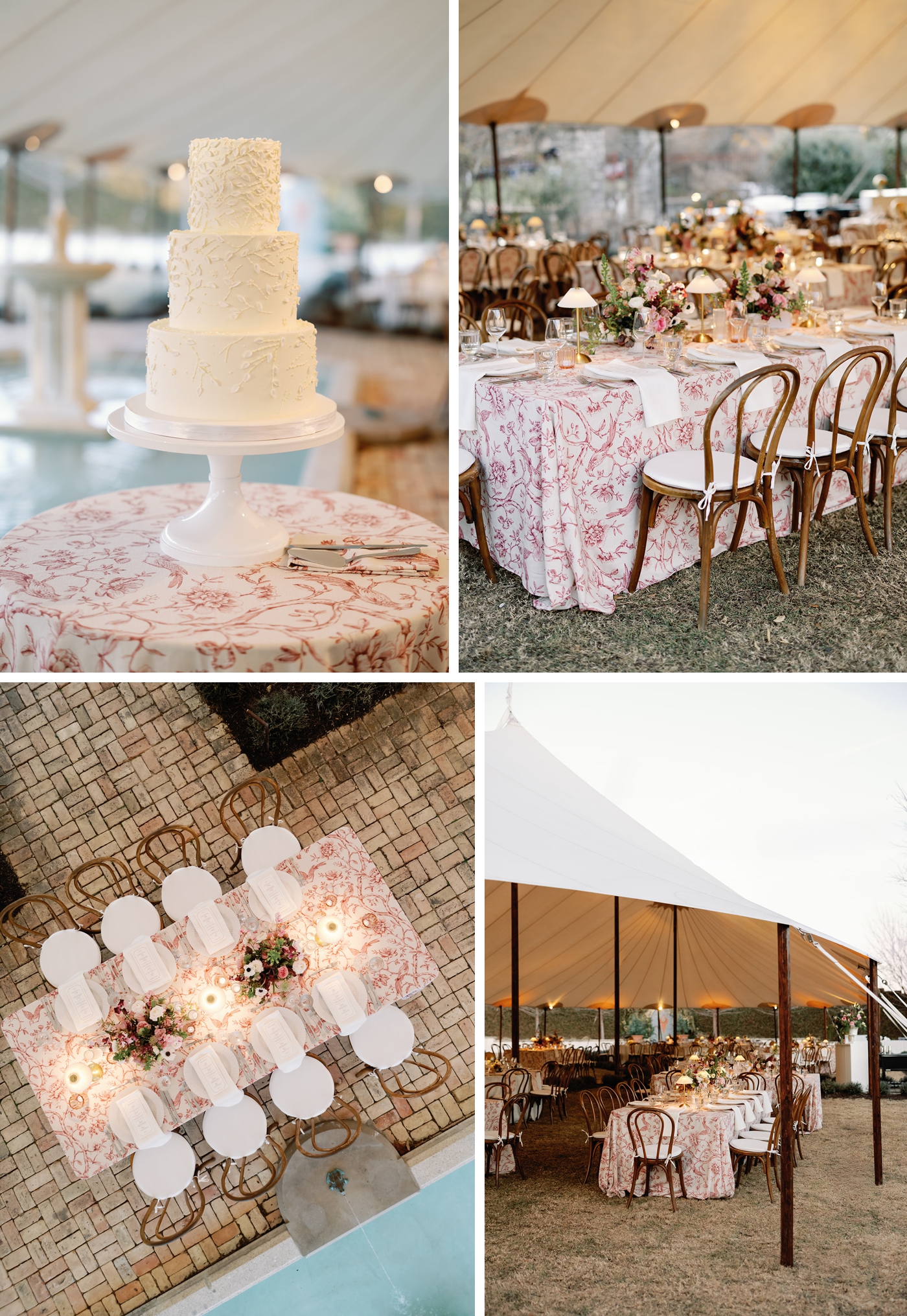 Tented wedding reception at Commodore Perry Estate, with pink floral and bird linens, wooden chairs, and small table lamps 