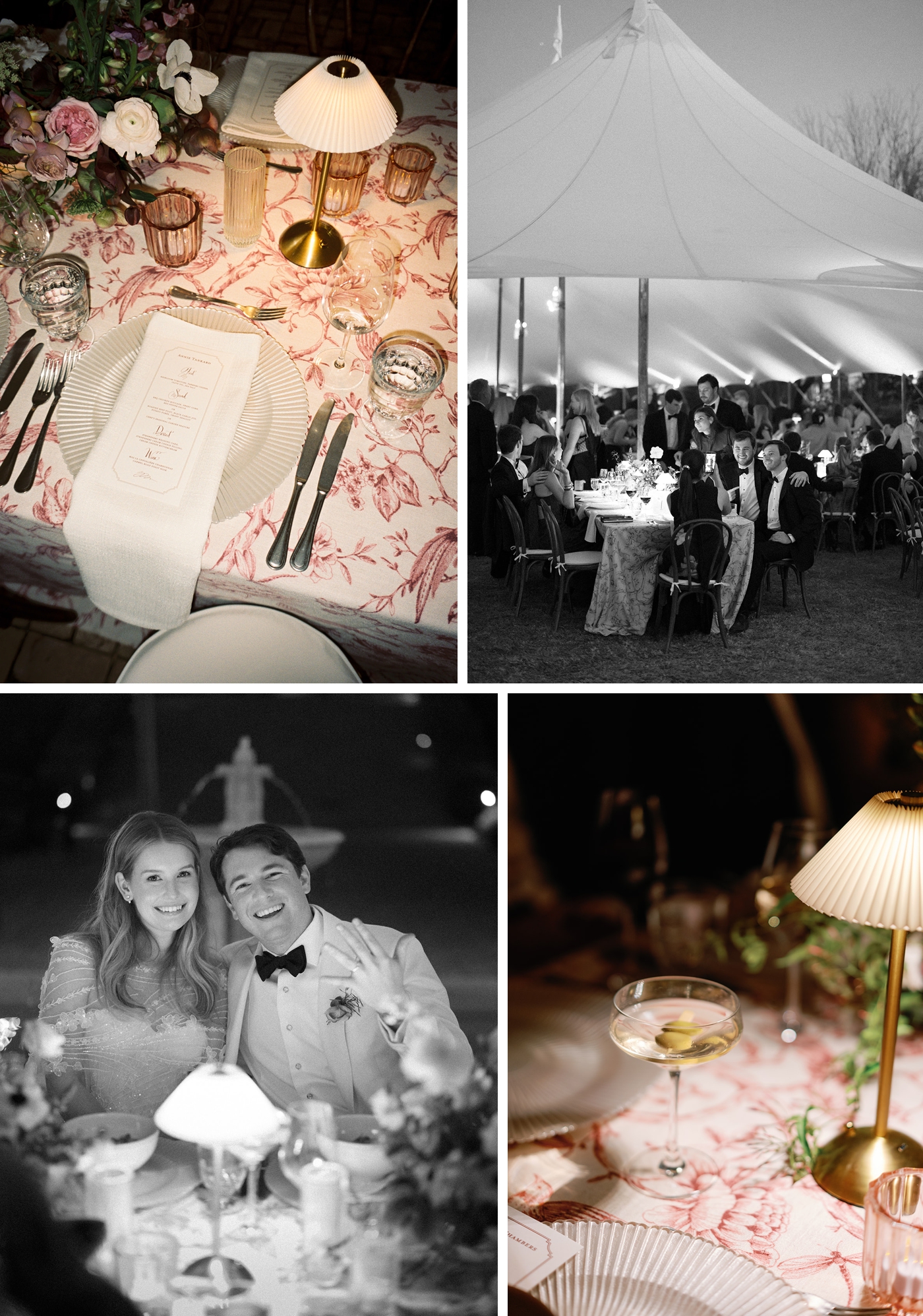 Tented wedding reception at Commodore Perry Estate, with pink floral and bird linens, wooden chairs, and small table lamps 