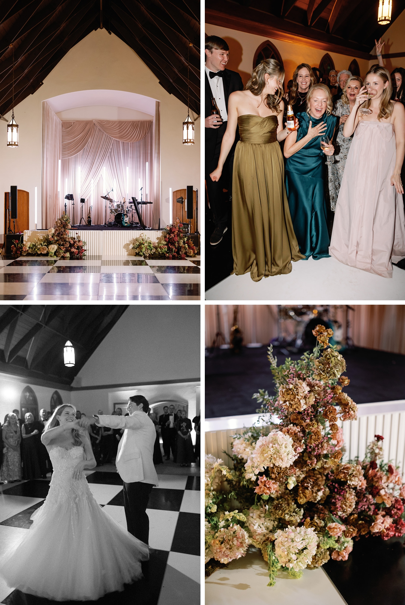 A wedding reception party inside the Chapel at Commodore Perry Estate, with the band stage covered in blush draping, a black and white checkered dance floor, and a wedding party in shades of burgundy and sage 