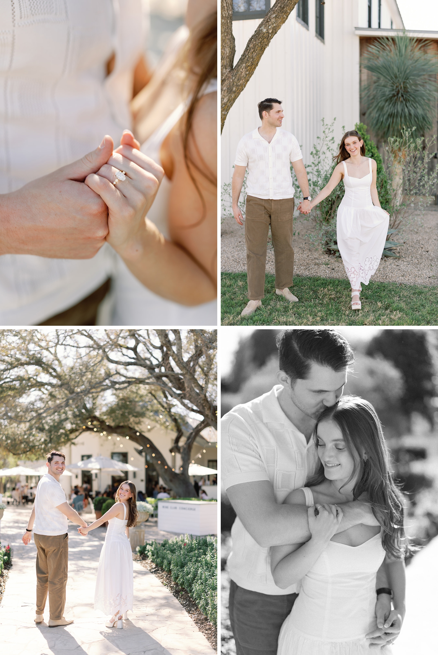 Post proposal pictures in Fredericksburg, Texas, with the couple both wearing white, holding hands