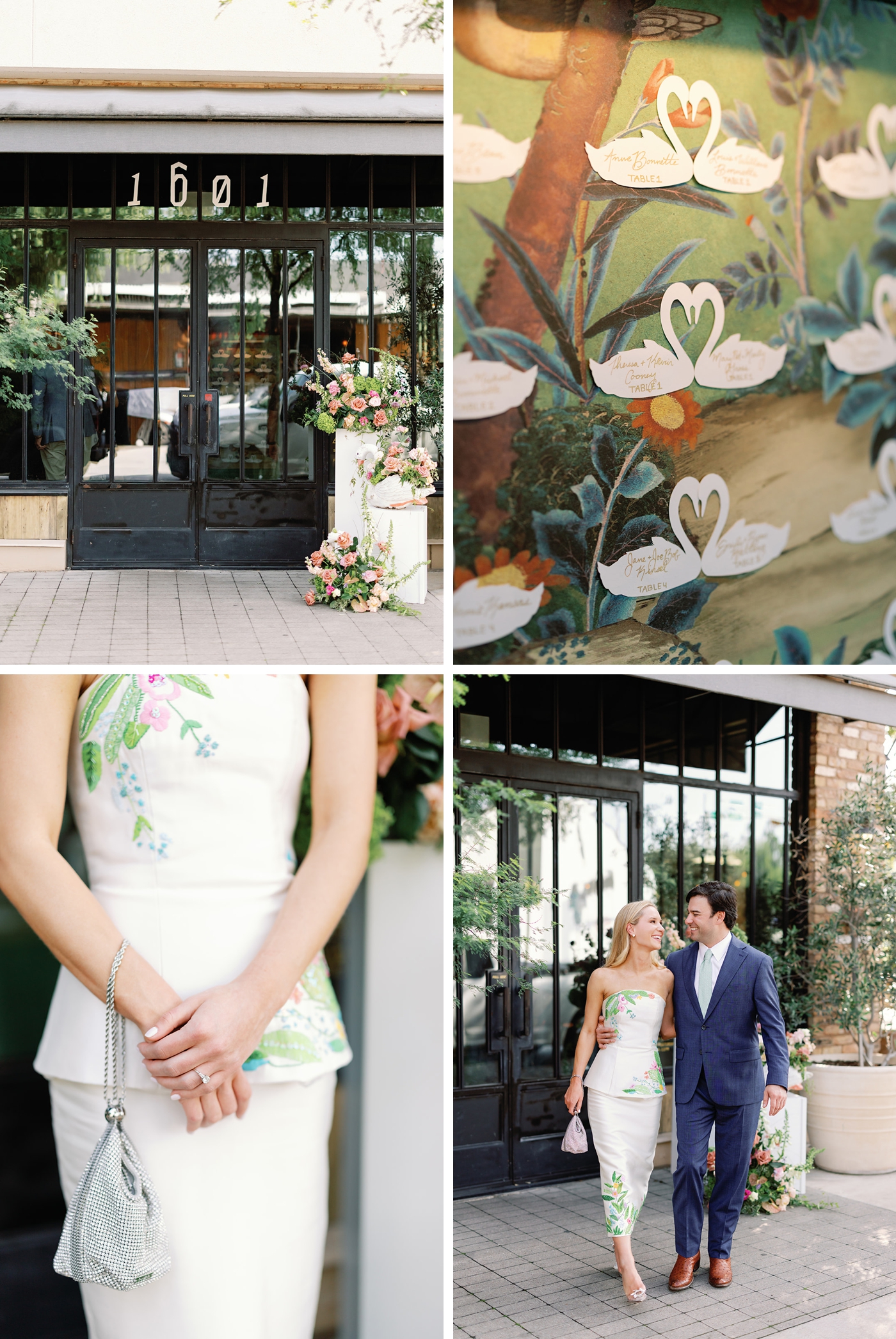 Hand-painted swan escort card display with garden-inspired artwork at an Il Brutto rehearsal dinner, with the couple posing outside the entrance for portraits