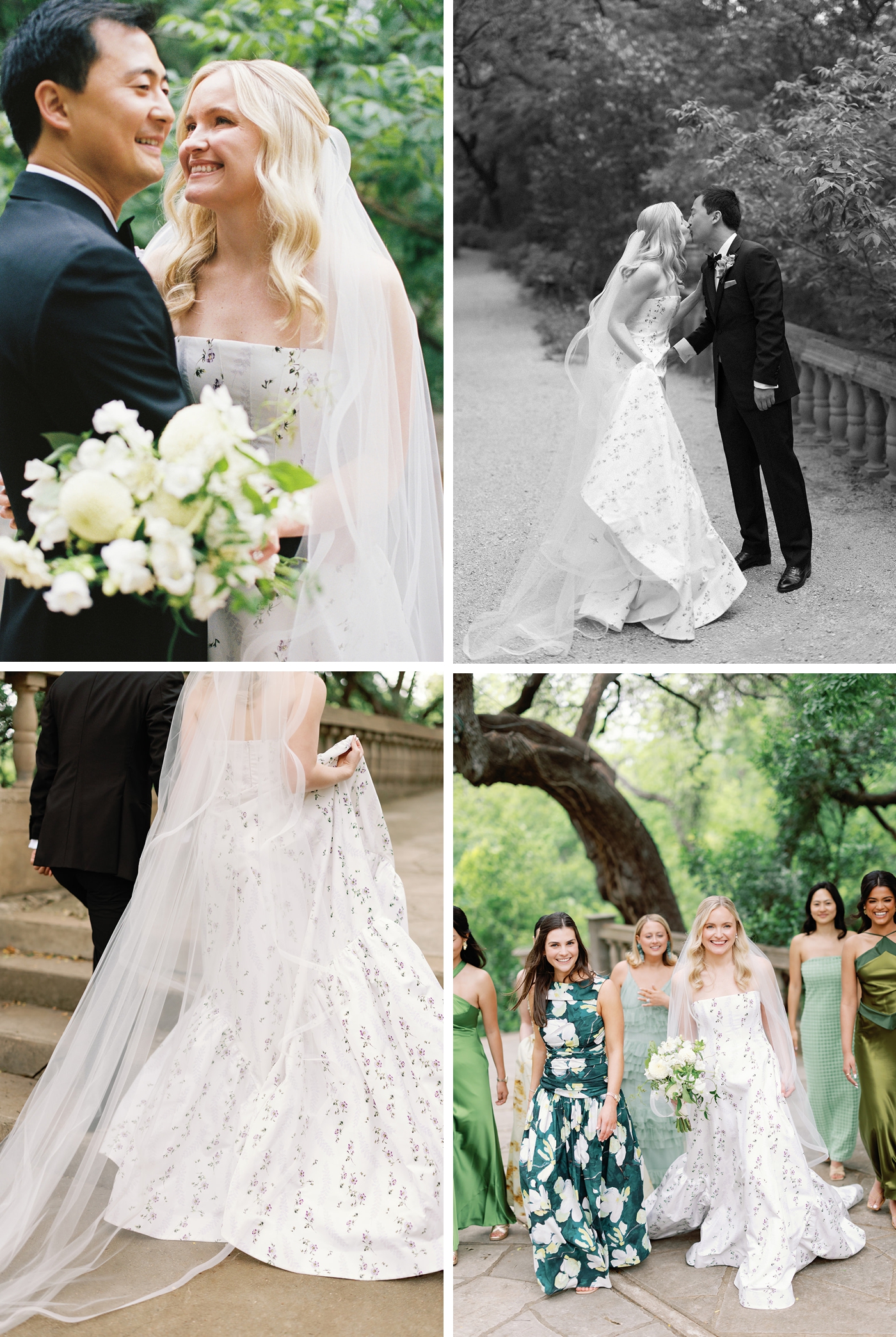 Details of a couples wedding day pictures in Austin, with the bride in a floral patterned gown, holding a bouquet of all white flowers. The groom is in a black tuxedo, and there are large oak trees around them