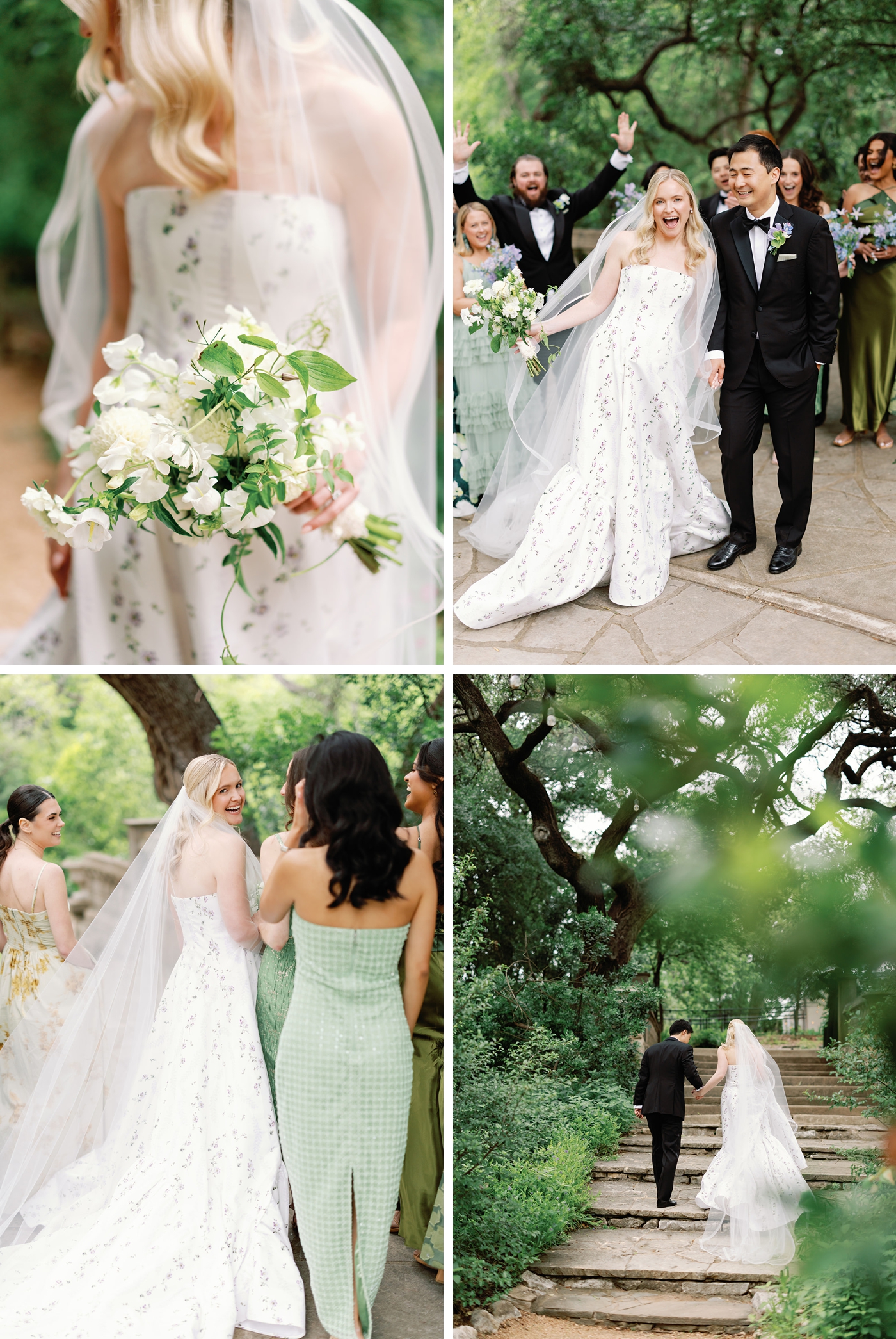 Details of a couples wedding day pictures at Laguna Gloria in Austin, with the bride in a floral patterned gown, holding a bouquet of all white flowers. The bridesmaids are in shades of green dresses, in various fabrics