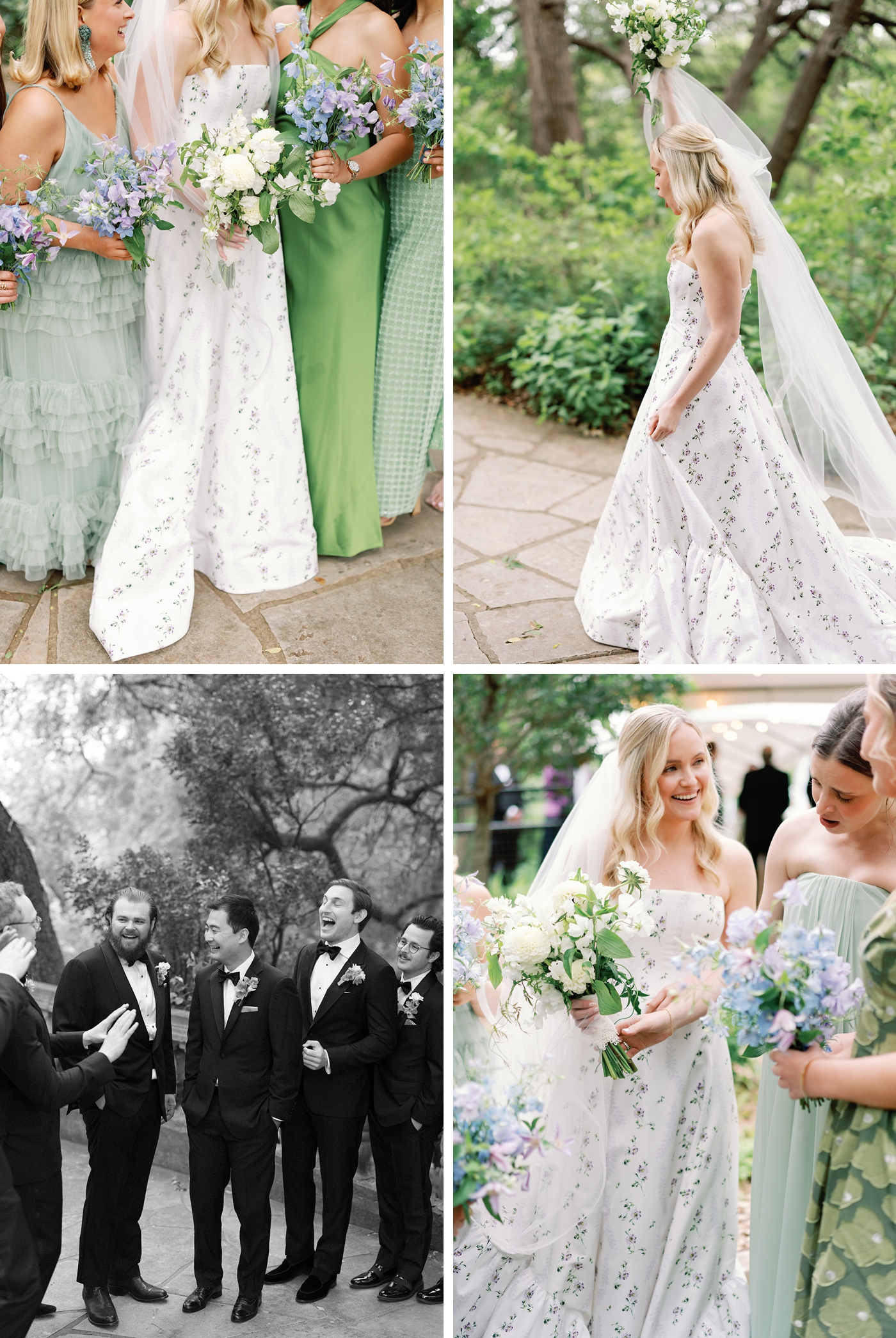 Details of a couples wedding day pictures at Laguna Gloria in Austin, with the bride in a floral patterned gown, holding a bouquet of all white flowers. The bridesmaids are in shades of green dresses, in various fabrics