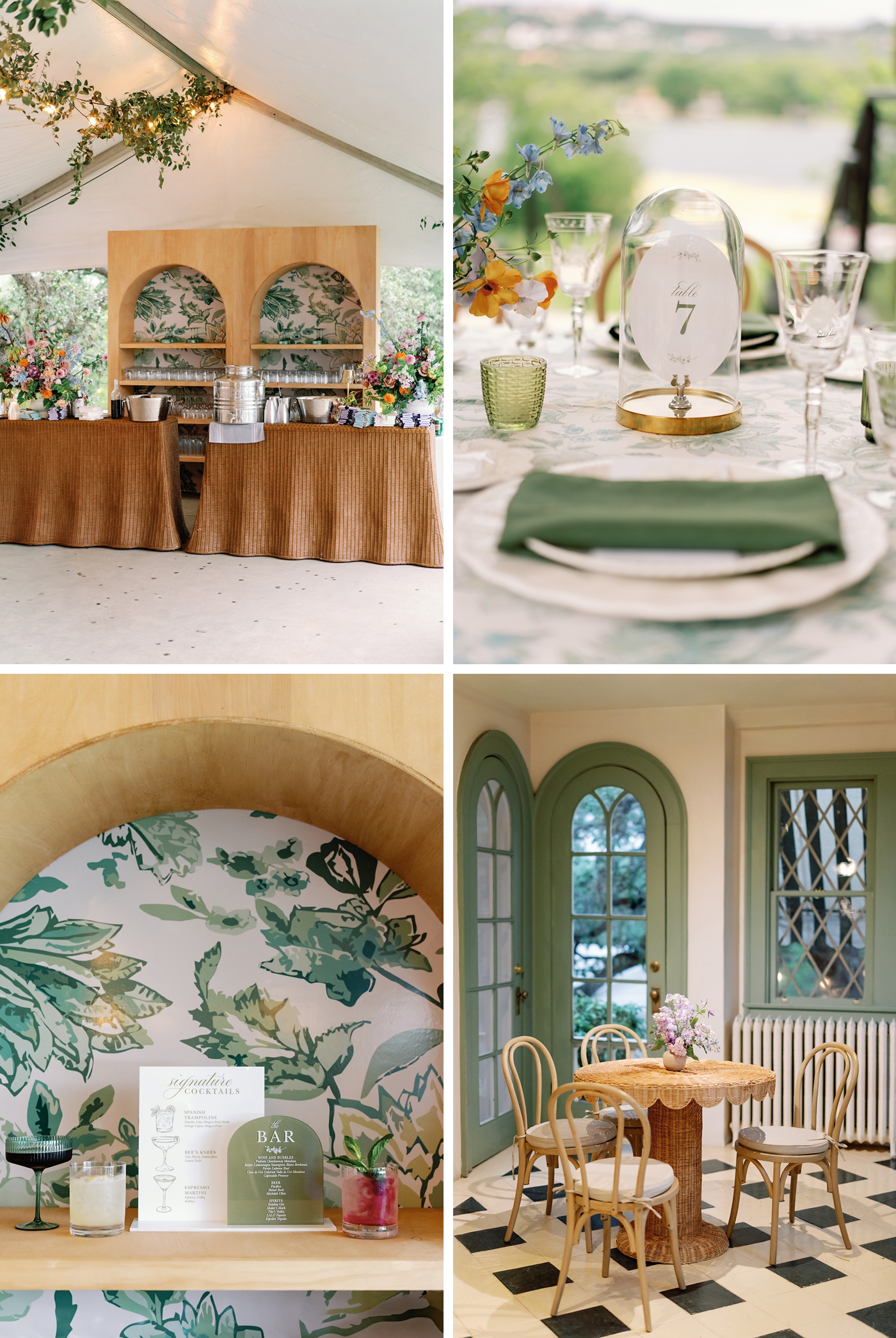 Custom scalloped rattan wedding bar with floral wallpaper and overflowing flowers at Laguna Gloria, next to images of long reception tables with green and white patterned linens