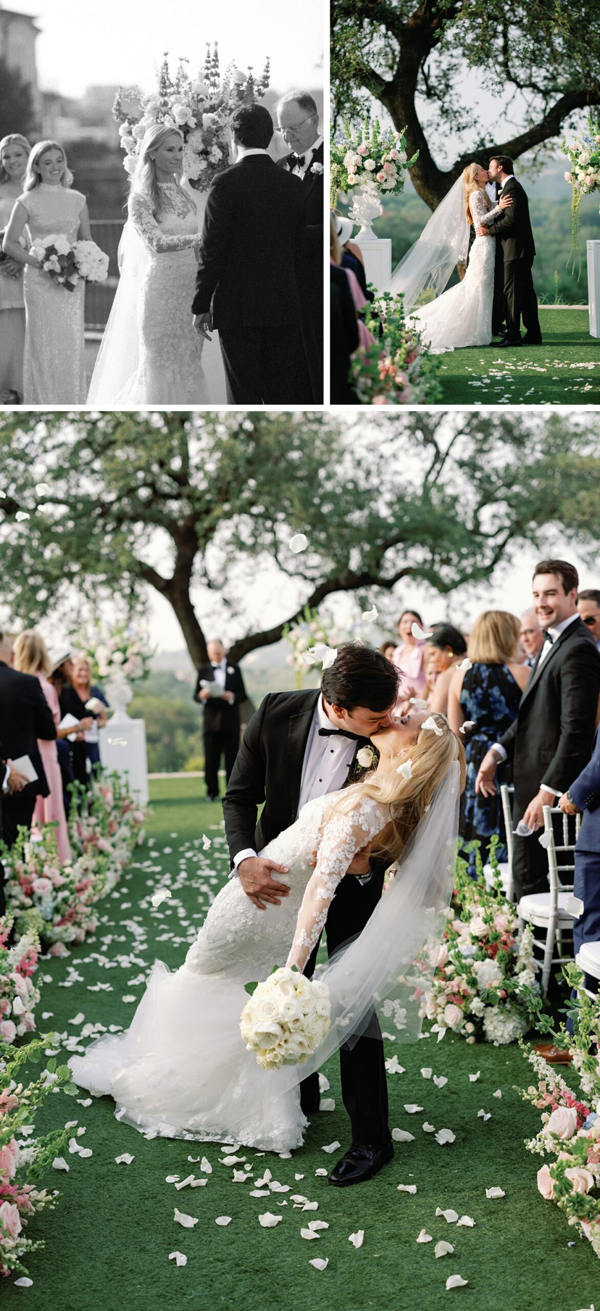 An outdoor wedding ceremony at Omni Barton Creek, with a giant tree behind the couple, overlooking a valley 