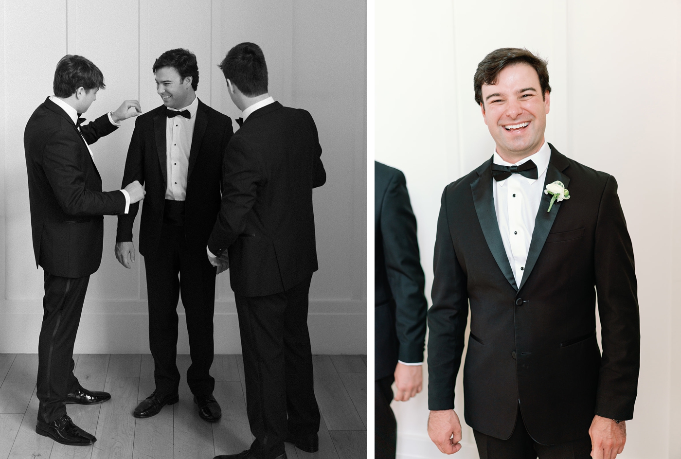 A groom and groomsmen getting ready, with the groom in black tuxedo with black bowtie