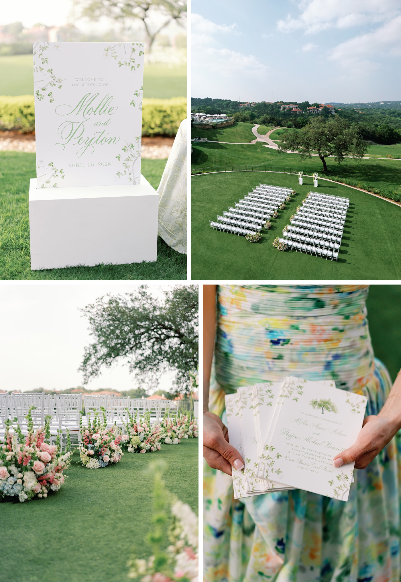 A drone image of a wedding ceremony overlooking the Texas Hill Country at Omni Barton Creek Resort in Austin, with white chairs, pastel flowers running along the aisle