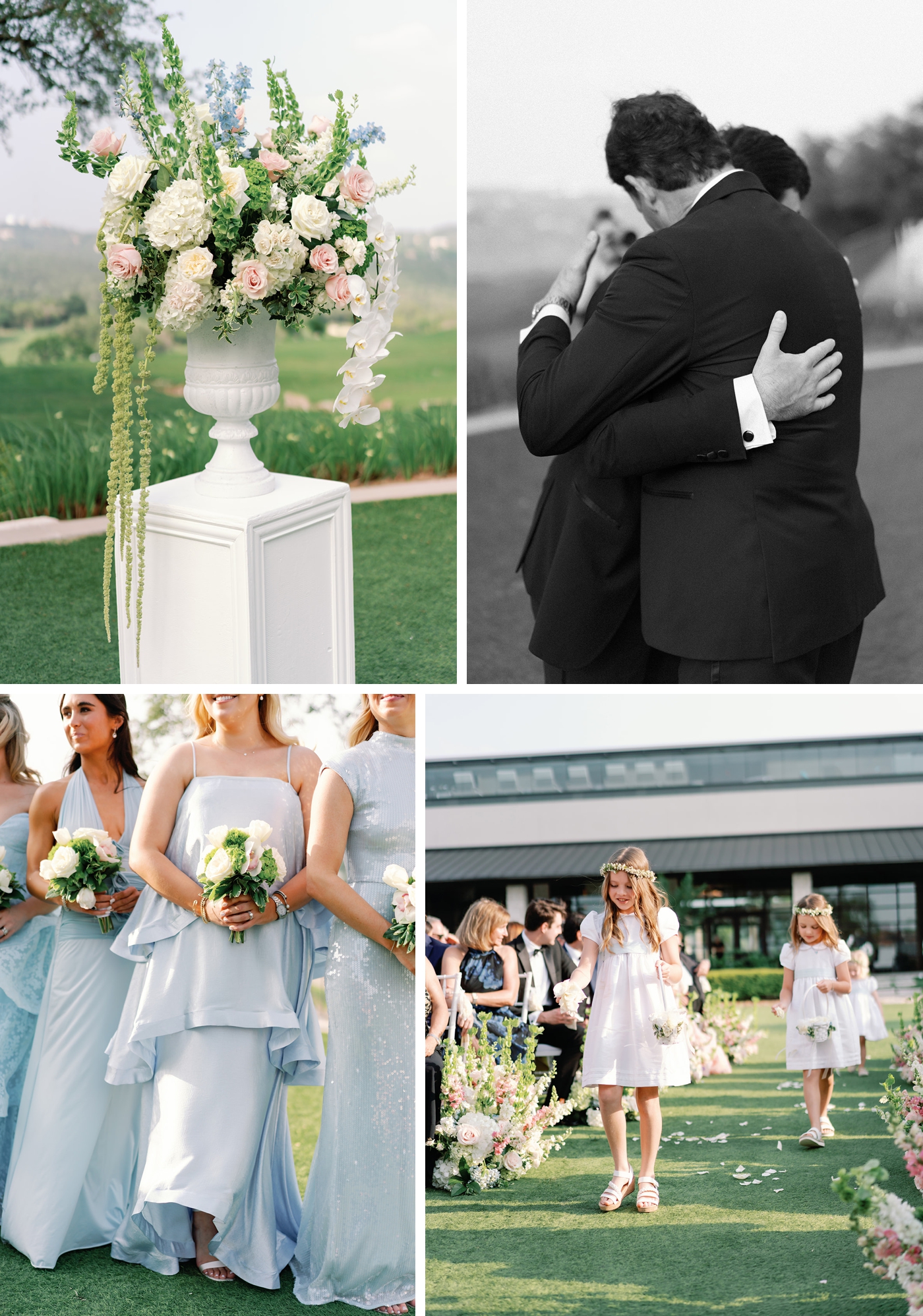 Large floral arrangements on either side of a wedding ceremony aisle, with the flower girls walking down the aisle
