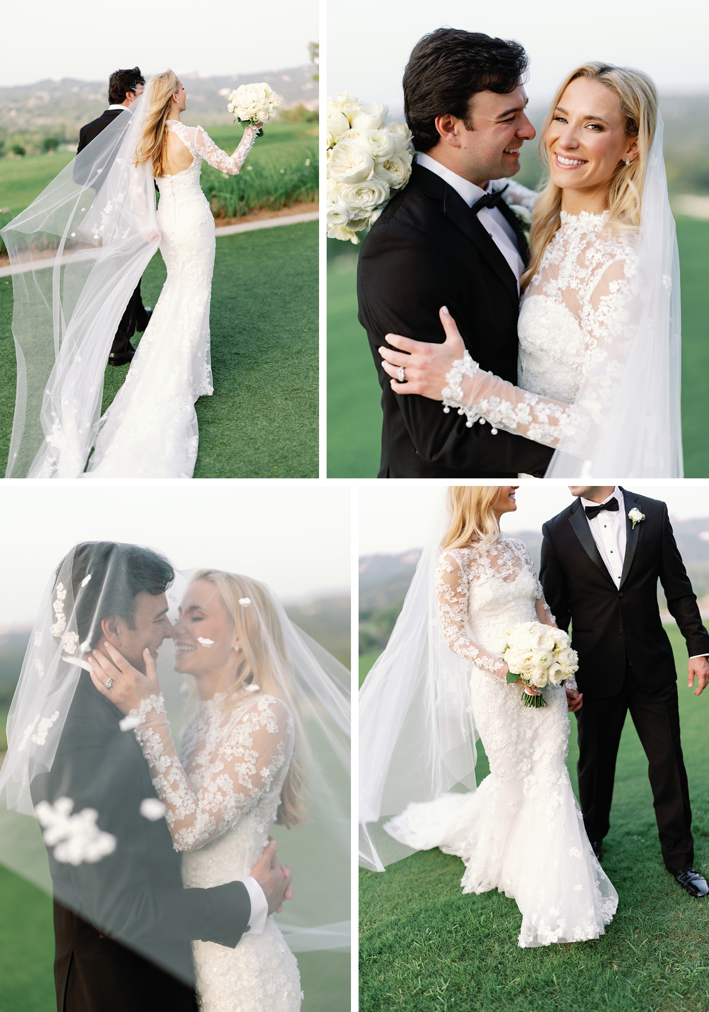 Bride and groom walking together during golden hour portraits overlooking the Texas Hill Country. The bride is in a long sleeve lace gown, holding an all white bouquet, with a lace covered veil. The groom is in a black tuxedo